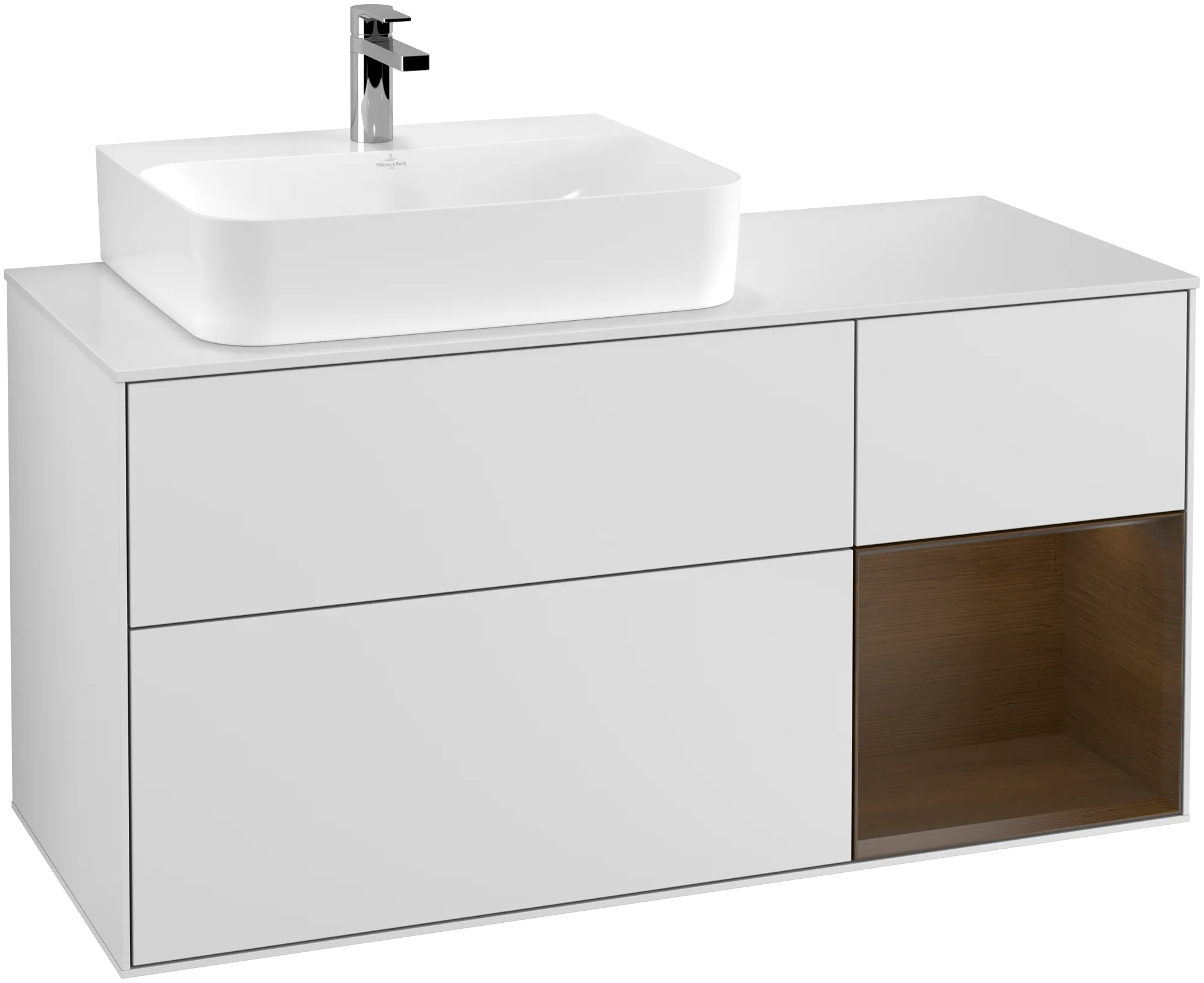 Villeroy & Boch Finion Waschbeckenunterschrank G15, 1200x603x501mm, mit Beleuchtung, White Matt Lacquer / Walnut Veneer / Glass White Matt