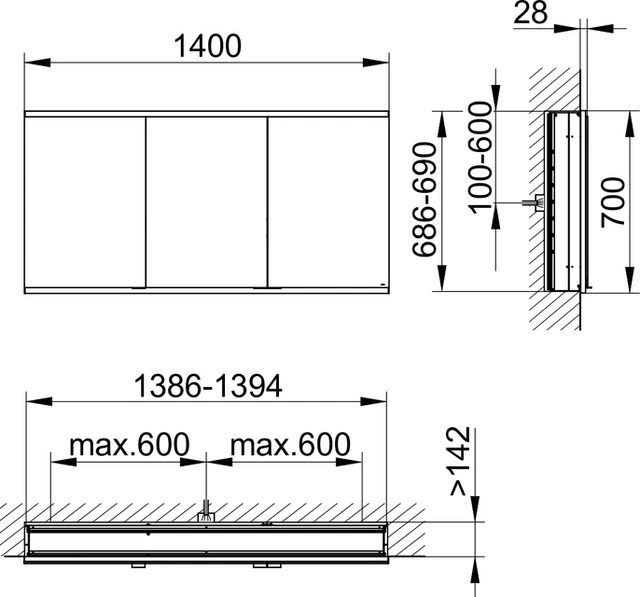 Royal Modular 2.0 800310140100200 Spiegelschrank beleuchtet Wandeinbau, 2 Steckdosen 1400 x 700 x 160 mm silber-eloxiert