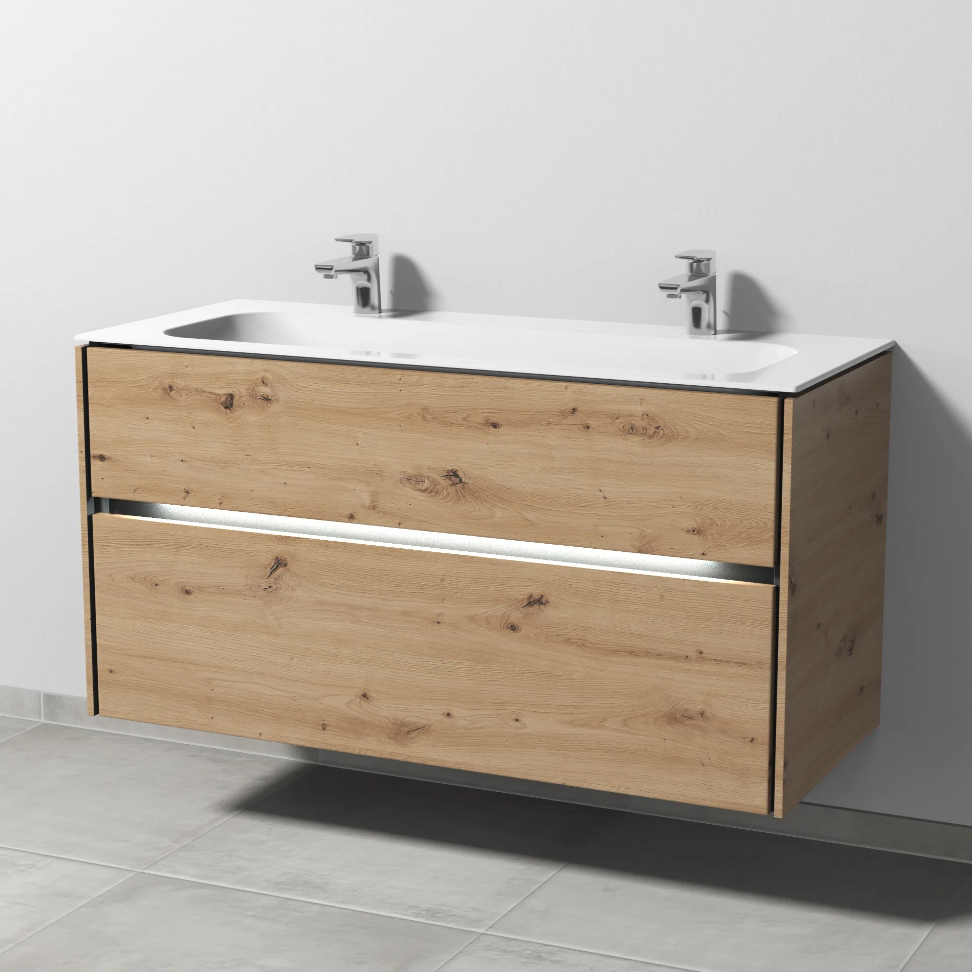 Keramik-Waschtisch-Set mit Waschtischunterschrank „Twiga“ 119 × 50 × 61 cm in Eiche Natural-Touch, mit Hahnlochbohrung, mit Beleuchtung Keramik-Waschtisch-Set mit Waschtischunterschrank „Twiga“ 119 × 50 × 61 cm in Eiche Natural-Touch, mit Hahnlochbohrung, mit Beleuchtung