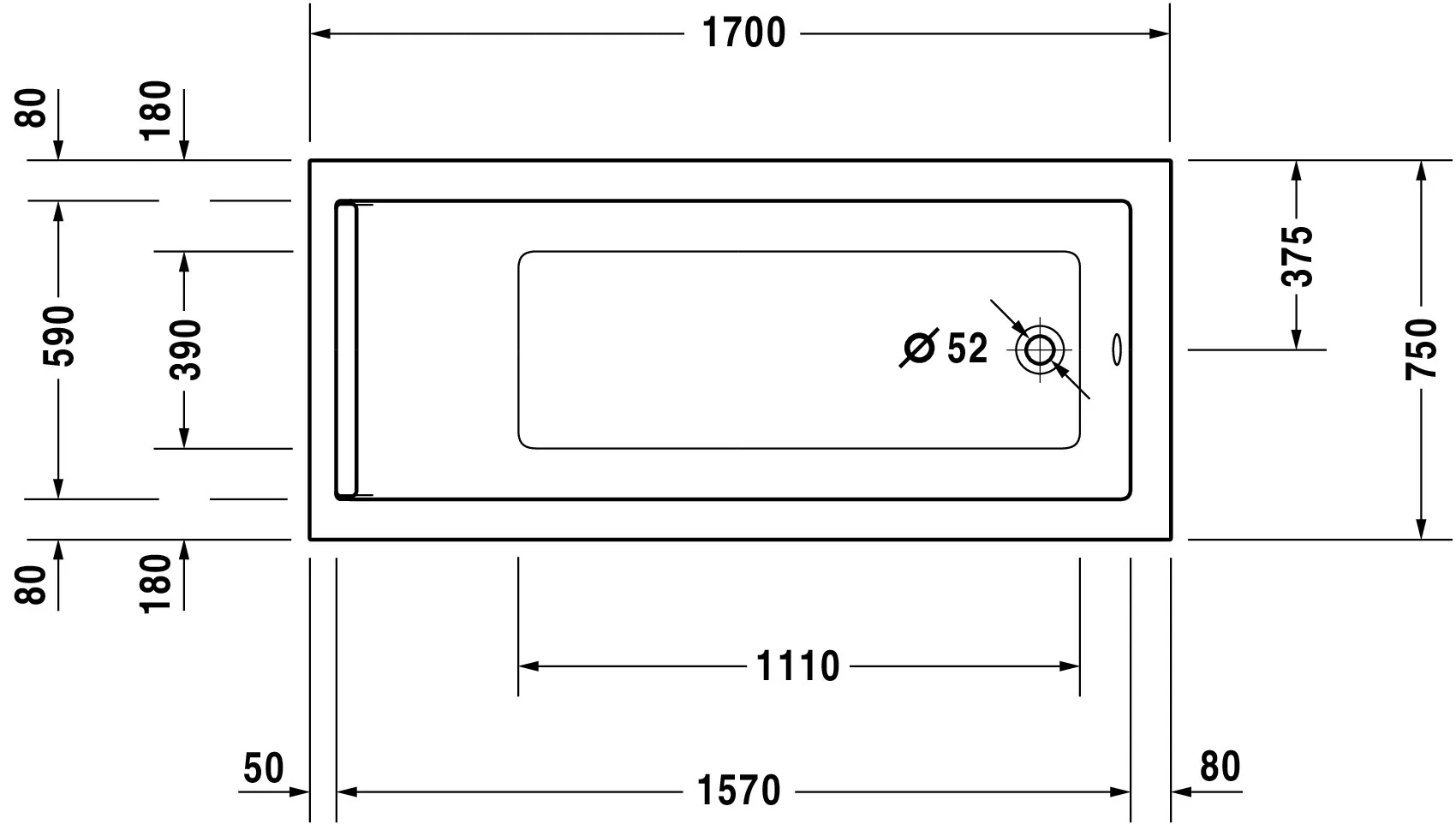 Duravit Whirlwanne „Starck“ rechteck 1700 × 750 mm, Fußablauf mit Combi-System E, in Weiß Duravit Whirlwanne „Starck“ rechteck 1700 × 750 mm, Fußablauf mit Combi-System E, in Weiß