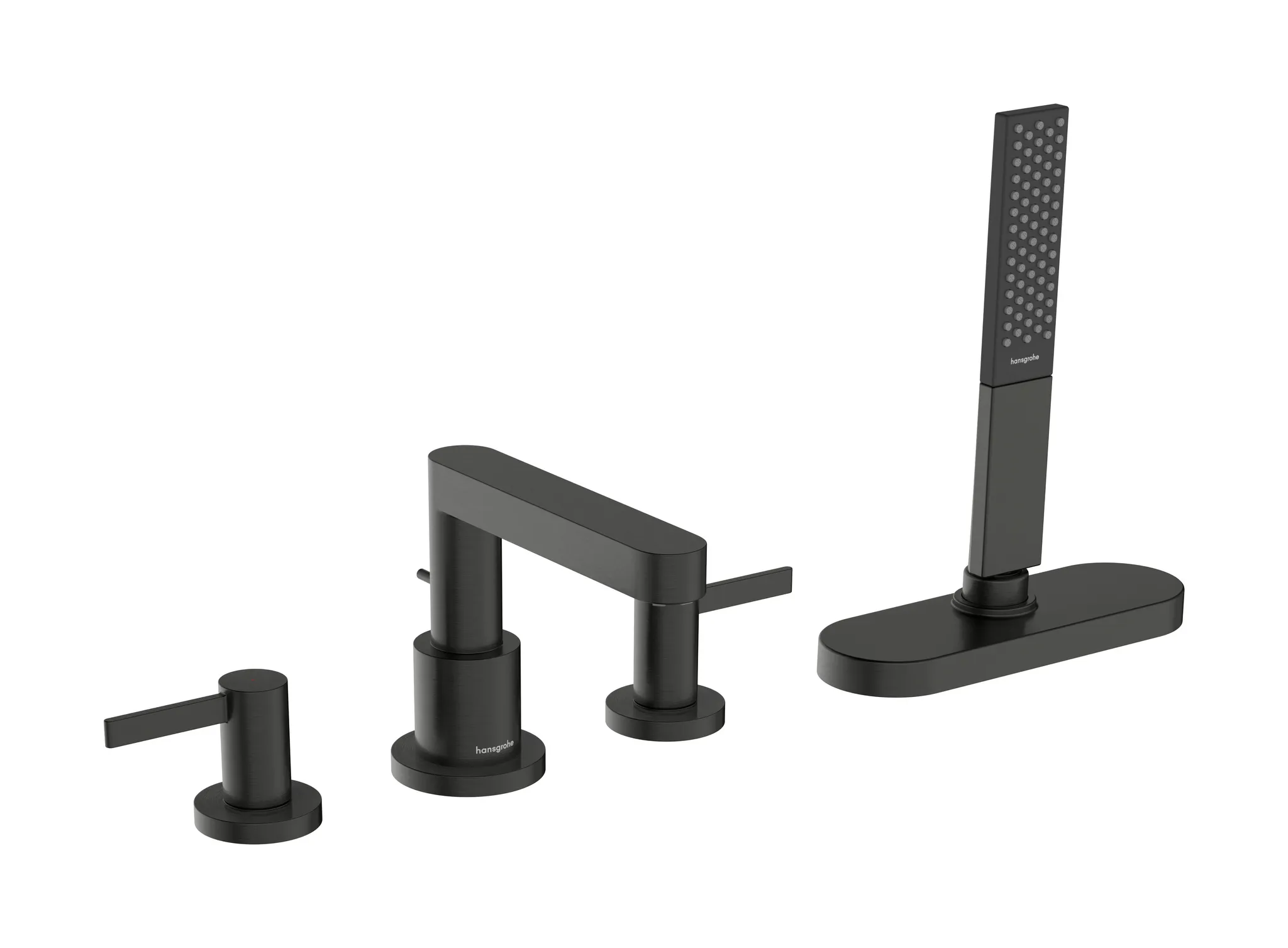Hansgrohe Finoris 4-Loch Wannenrandarmatur Brushed Black Chrome, Ausladung 152 mm, PowderRain-Handbrause, max. Durchfluss 23,5 l/min