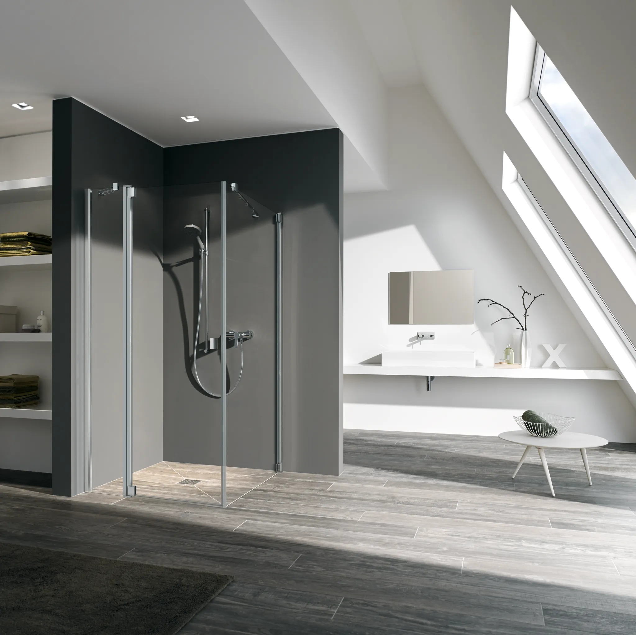 Kermi Duschtür 1-flügelig mit Festfeld links für Ecke „RAYA“ Glas Klar, Profile Silber Mattglanz, BV: 720 - 750 mm GAK: 705 - 735 mm WE: 730 - 760 mm H: 1850 mm
