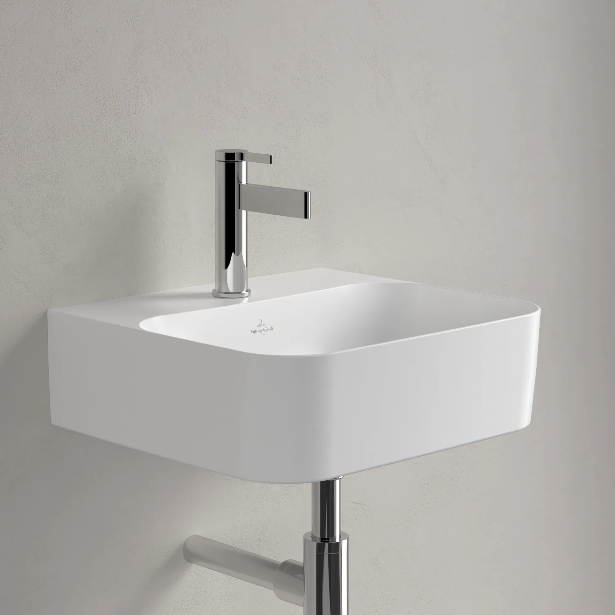 Villeroy & Boch Handwaschbecken aus TitanCeram „Finion“ 430 × 390 × 140 mm, mit Hahnlochbohrung, Hahnlochposition mittig in Stone White, mit CeramicPlus Villeroy & Boch Handwaschbecken aus TitanCeram „Finion“ 430 × 390 × 140 mm, mit Hahnlochbohrung, Hahnlochposition mittig in Stone White, mit CeramicPlus