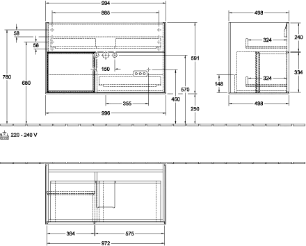 Villeroy & Boch Waschtischunterschrank „Finion“ für Schrankwaschtisch 99,6 × 59,1 × 49,8 cm 2 Schubladen, für Waschtischposition mittig, inkl. Beleuchtung mittig