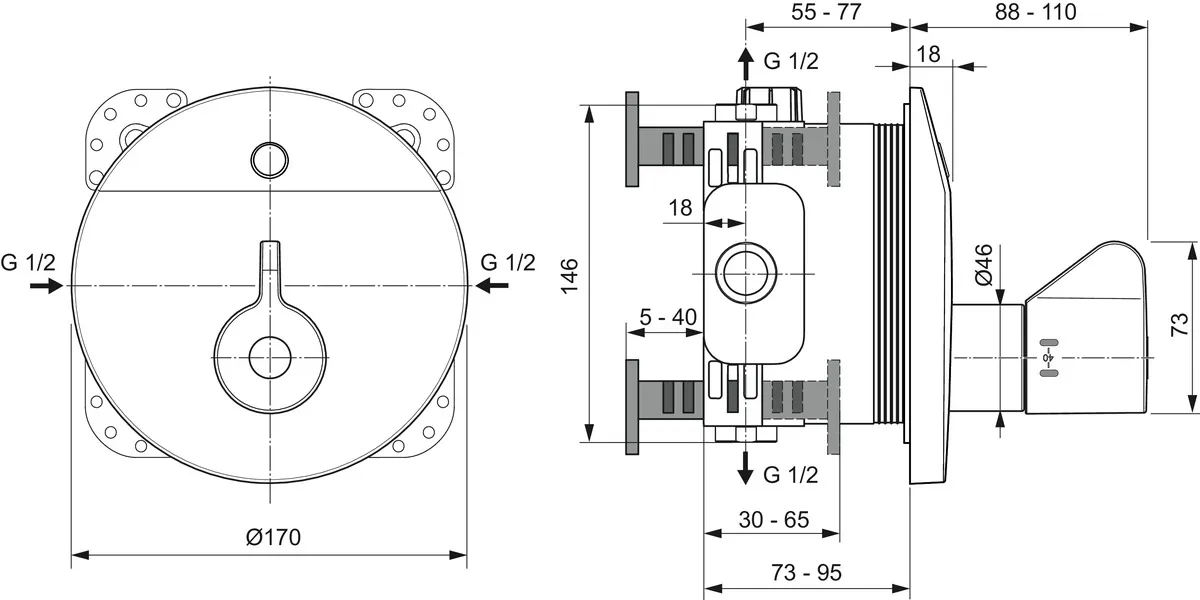 Sensor-Brausearmatur Unterputz Ceraplus, Bausatz 2, th.Desinfektion, Netz., Rosettendurchmesser:170mm, Chrom