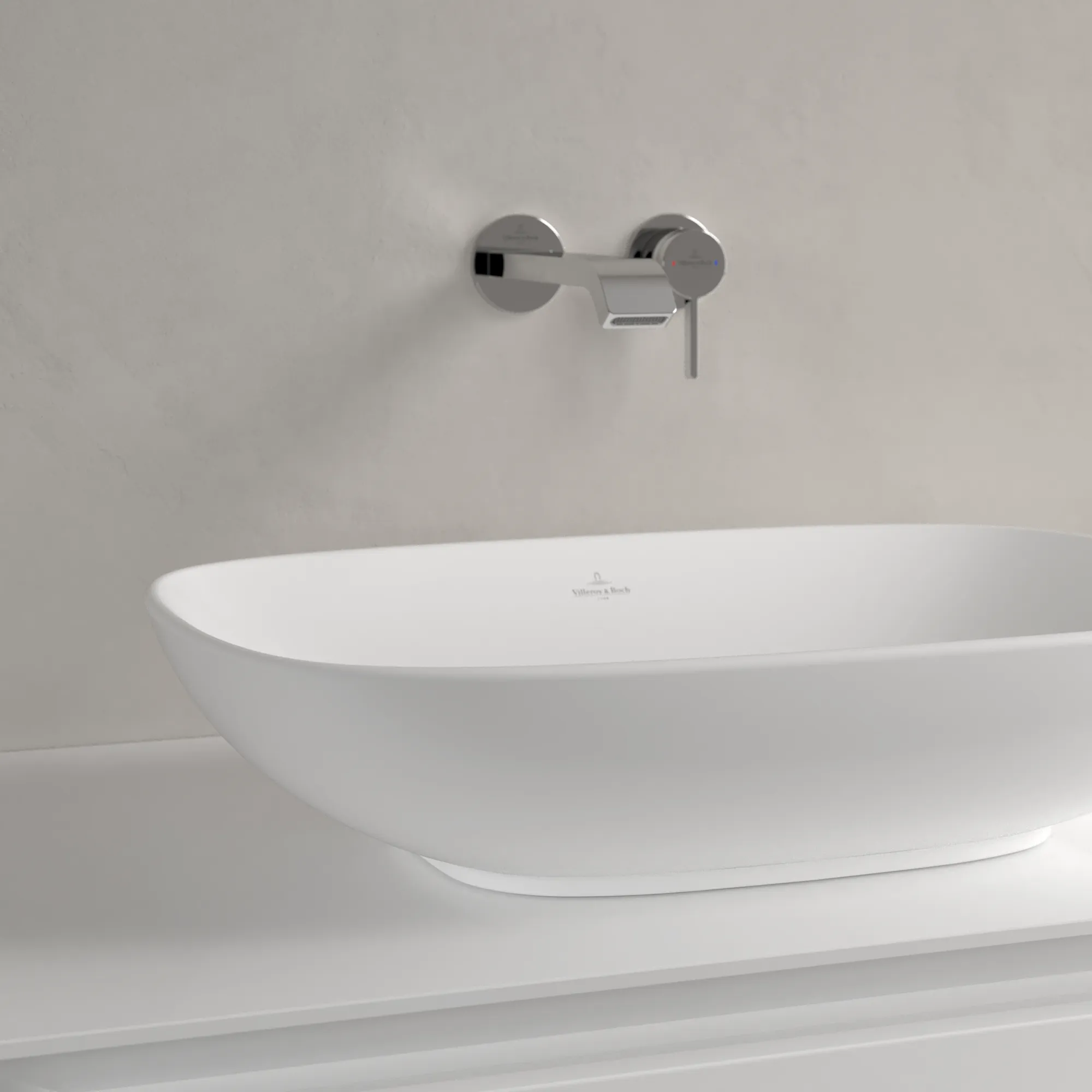 Villeroy & Boch Aufsatzwaschtisch aus TitanCeram „Loop & Friends“ 560 × 380 × 150 mm, ohne Hahnlochbohrung in Stone White