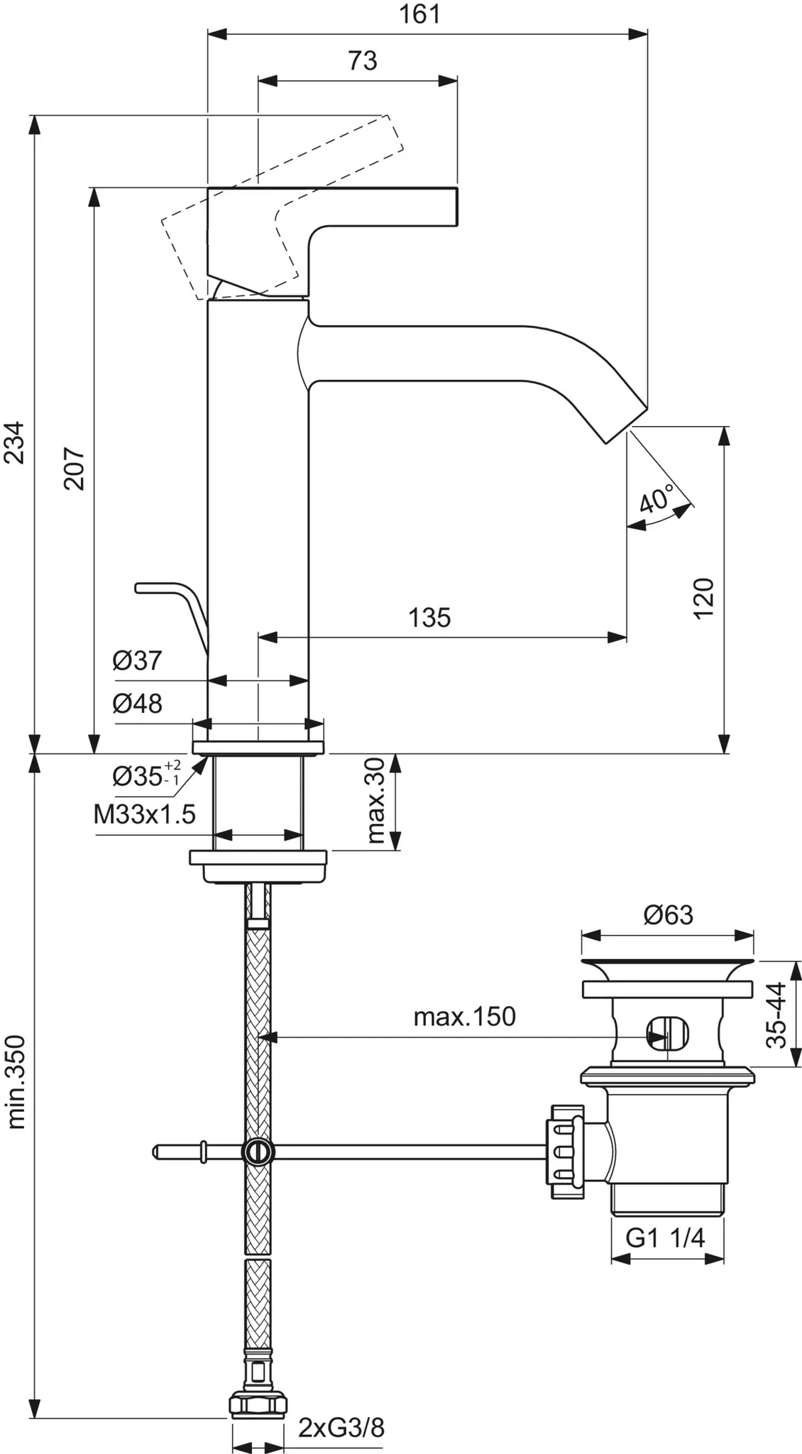 Ideal Standard Waschischarmatur Joy Grande Ausladung 135mm mit Ablaufgarnitur Magnetic Grey Ideal Standard Waschischarmatur Joy Grande Ausladung 135mm mit Ablaufgarnitur Magnetic Grey
