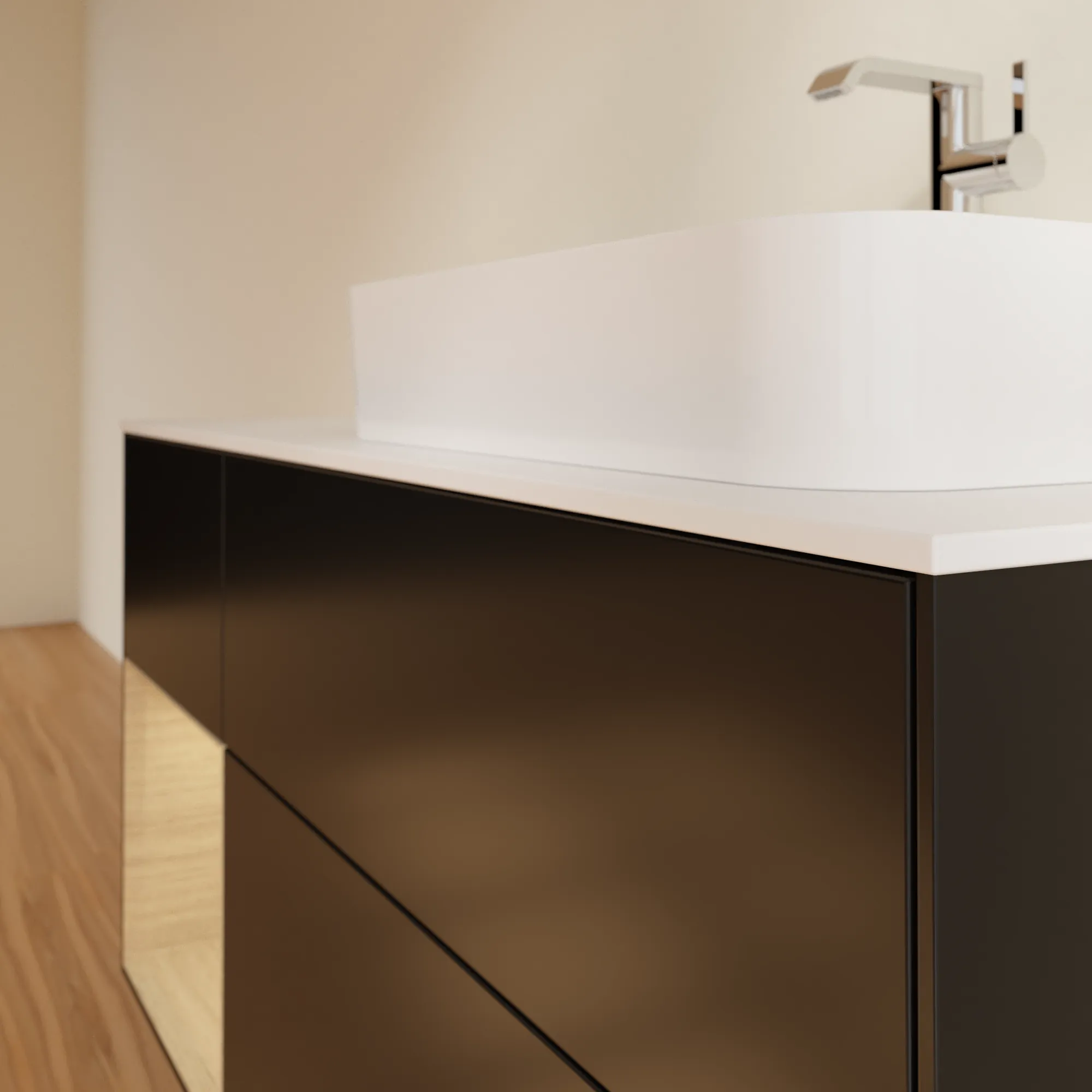 Villeroy & Boch Waschtischunterschrank „Finion“ für Schrankwaschtisch 1200 × 603 × 501 mm Black Matt Lacquer, für Becken rechts Villeroy & Boch Waschtischunterschrank „Finion“ für Schrankwaschtisch 1200 × 603 × 501 mm Black Matt Lacquer, für Becken rechts