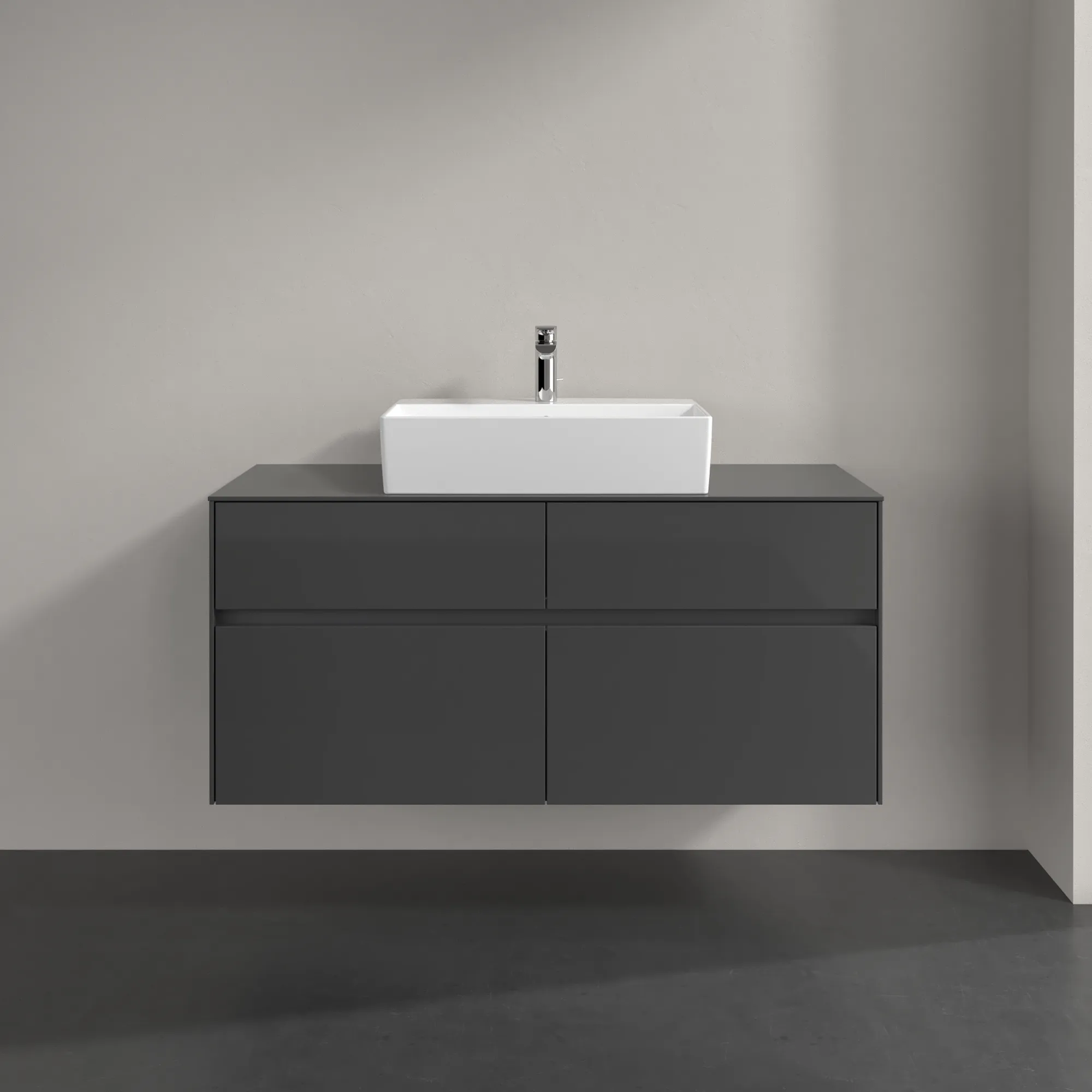 Villeroy & Boch Waschtischunterschrank „Collaro“ 1200 × 548 × 500 mm Glossy Grey, mit Beleuchtung, für Becken mittig