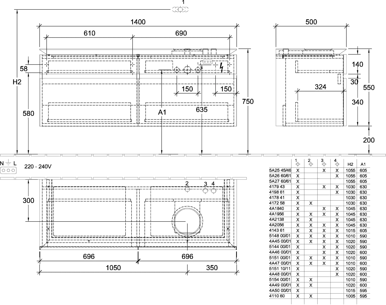 Villeroy & Boch Waschtischunterschrank „Legato“ für Schrankwaschtisch 140 × 55 × 50 cm