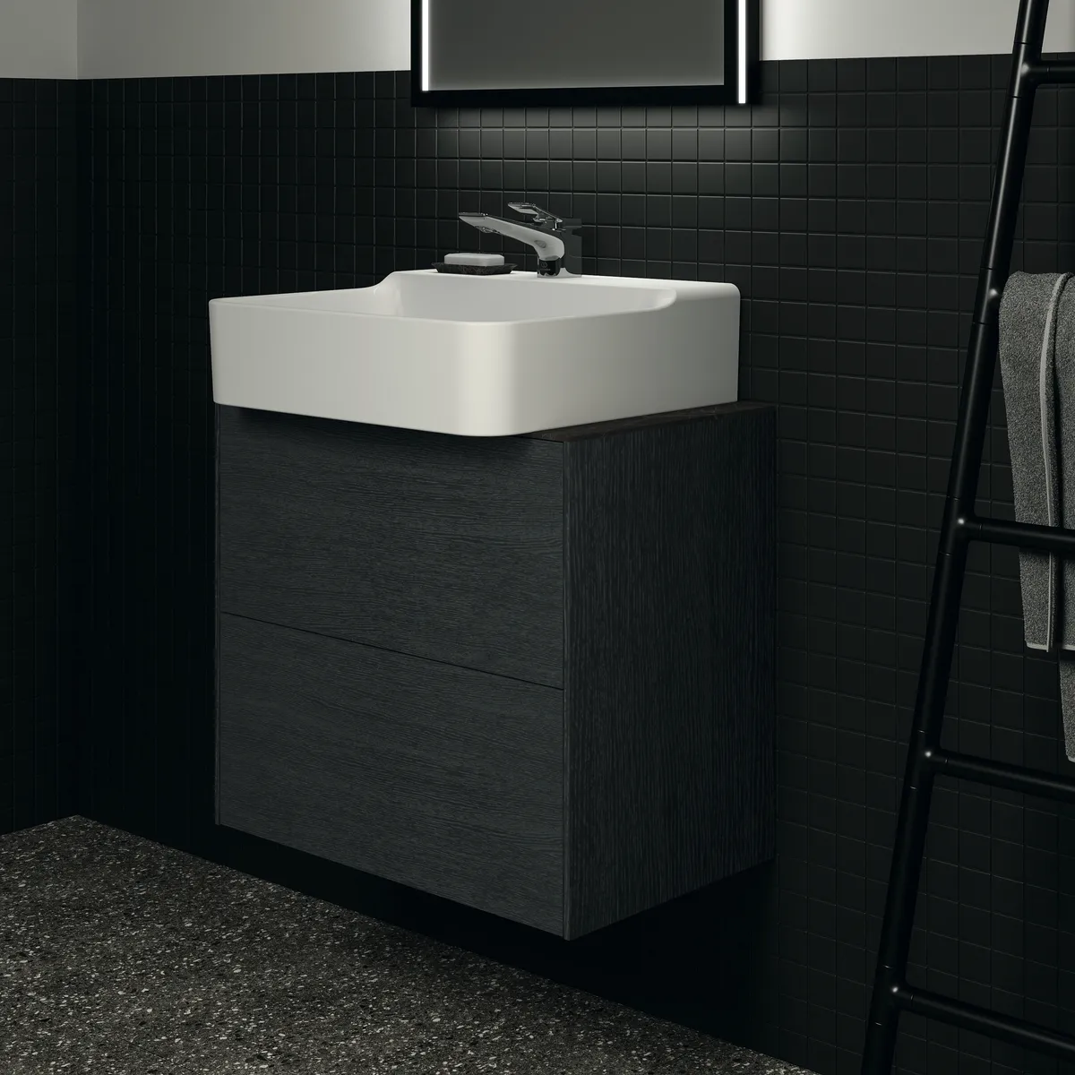 Waschtischplatte Conca, aus Keramik, 602x373x6mm, Marmor Noir Desir