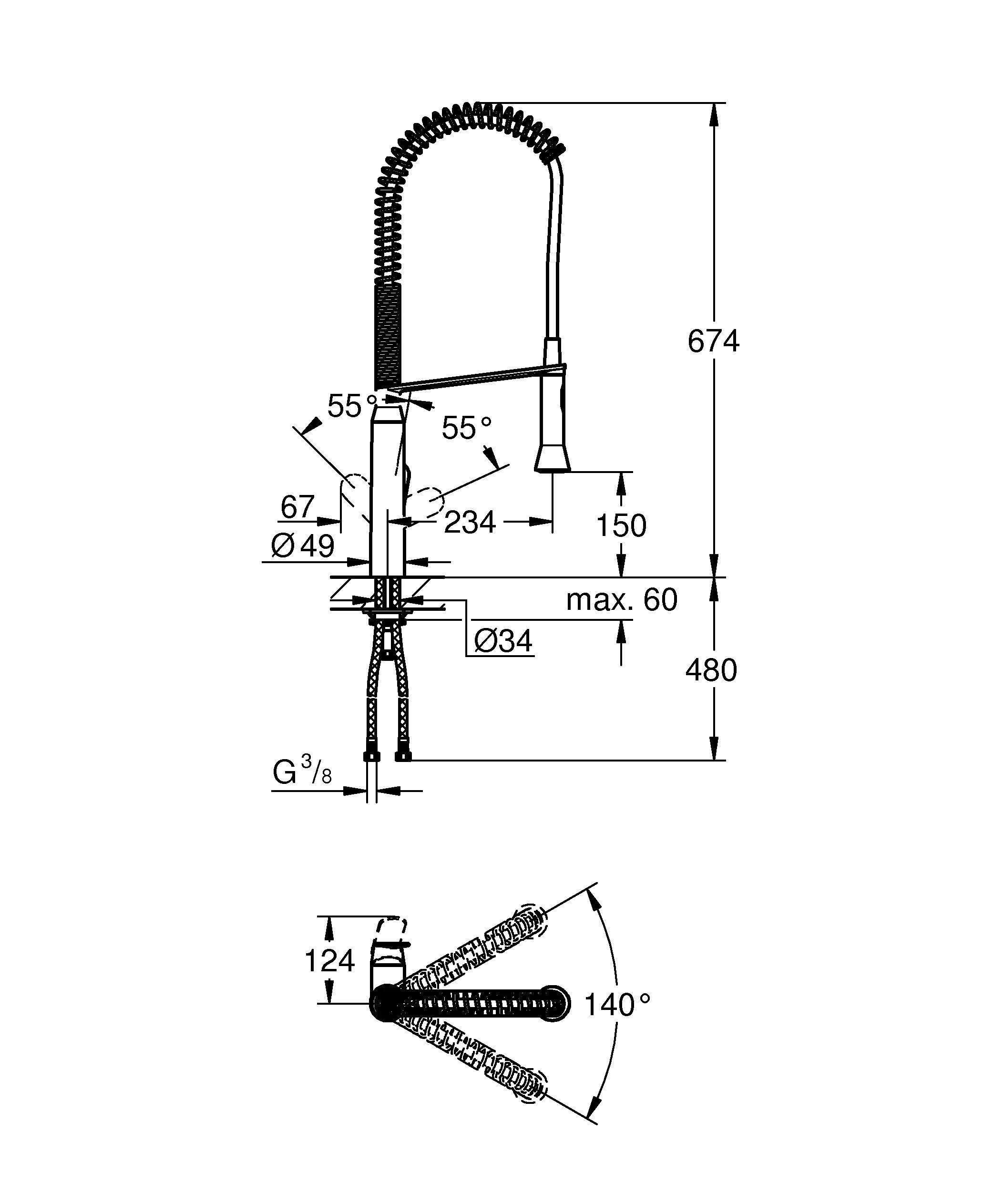 Einhand-Spültischbatterie K7 32950, Einlochmontage, herausziehbare SpeedClean Profibrause, Höhe 674 mm, eigensicher, chrom