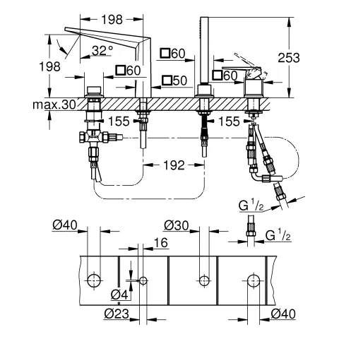 4-Loch-Einhand-Wannenkombination Allure Brilliant Private Collection 29523, Griff mit Rändelstruktur, chrom 4-Loch-Einhand-Wannenkombination Allure Brilliant Private Collection 29523, Griff mit Rändelstruktur, chrom
