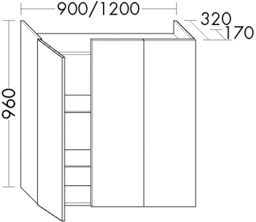 Halbhoher Schrank Sys30 von burgbad – 900 mm breit, 170 mm tief, 960 mm hoch, 3 Türen, 1 Mittelseite, grifflos, mit Überstand geöffnet