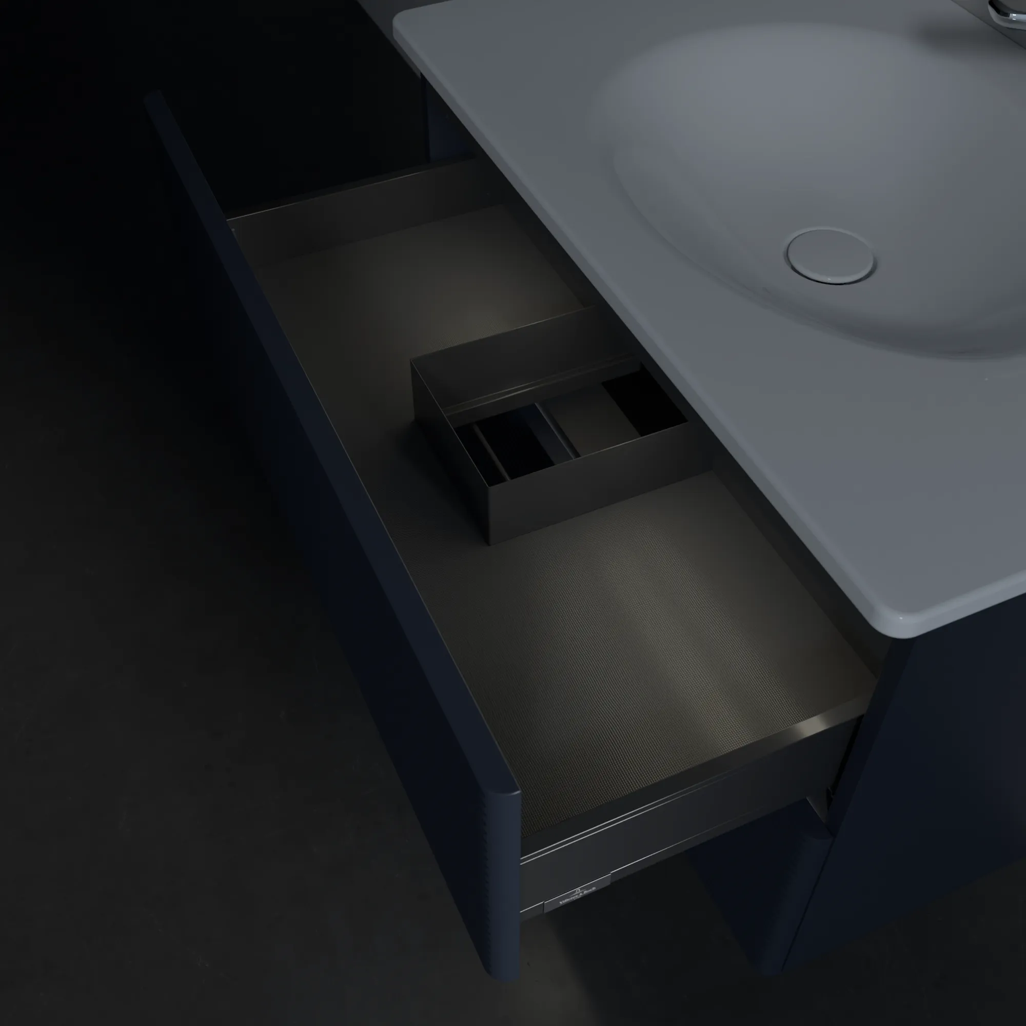 Villeroy & Boch Waschtischunterschrank für Schrankwaschtisch „Antao“ 788 × 504 × 496 mm Midnight Blue Matt Lacquer, für Becken mittig, mit Beleuchtung Villeroy & Boch Waschtischunterschrank für Schrankwaschtisch „Antao“ 788 × 504 × 496 mm Midnight Blue Matt Lacquer, für Becken mittig, mit Beleuchtung