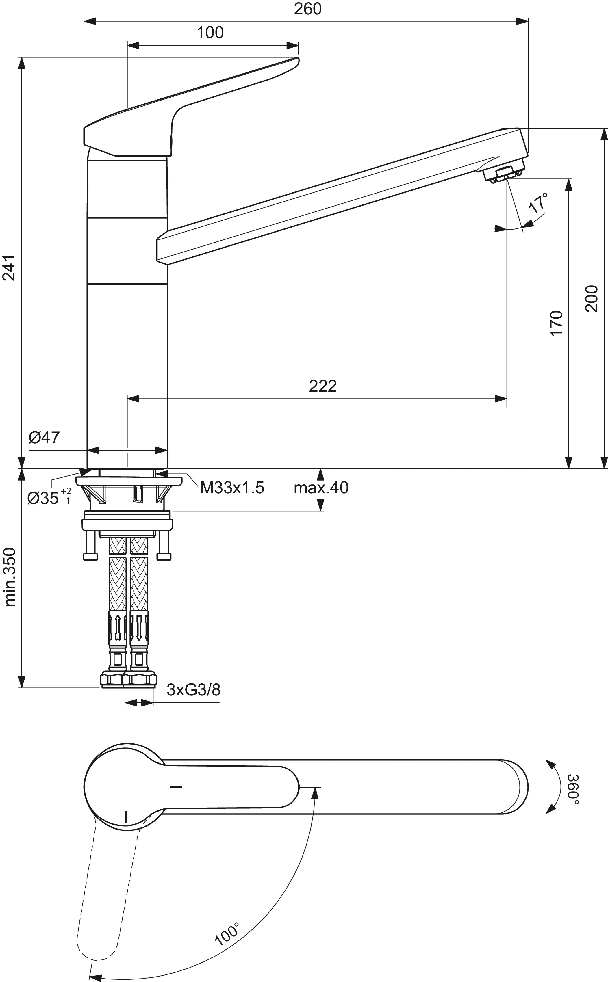 Ideal Standard Einhand-Küchenarmatur „Ceraflex“ Ausladung 222 mm