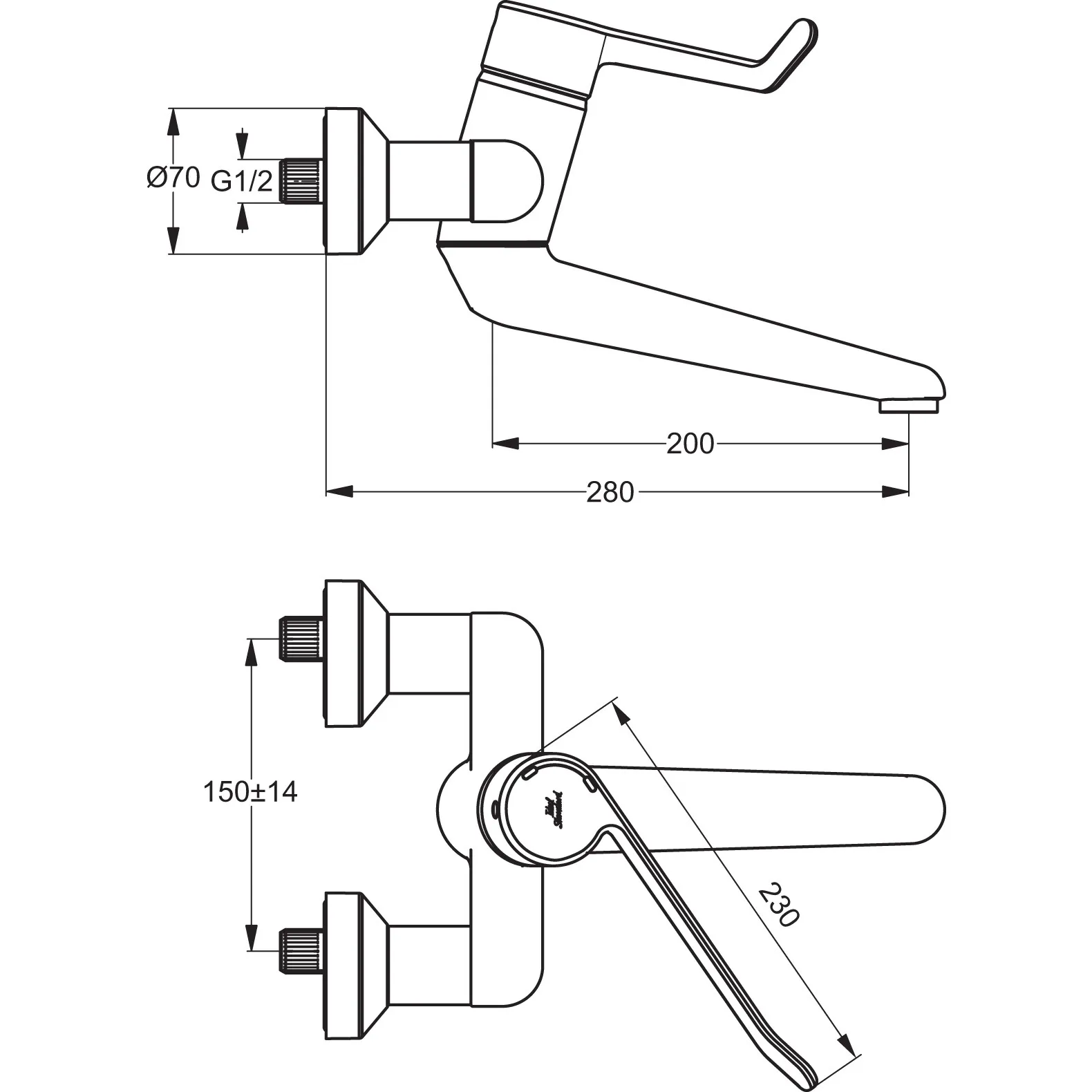 Ideal Standard Ceraplus Wandwaschtisch-Sicherheitsarmatur B8225AA, absperrbarer S-Anschluss, Hebel 230mm, Ausladung 200mm, Chrom