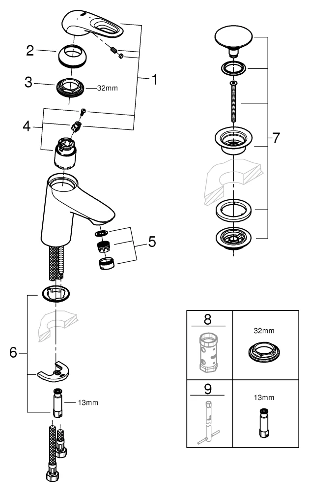 Einhand-Waschtischbatterie Eurostyle 23930_3, S-Size, Einlochmontage, Energie-Spar-Funktion Mittelstellung kalt, glatter Körper, Push-open Ablaufgarnitur 1 1/4″, offener Metall-Hebelgriff, chrom