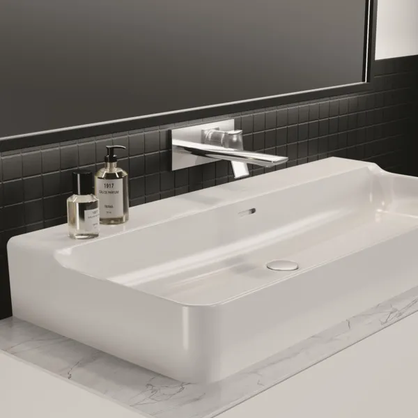 Wand-Waschtischarmatur Conca, Bausatz 2, eckige Rosette, Ausladung 220mm, Brushed Gold Wand-Waschtischarmatur Conca, Bausatz 2, eckige Rosette, Ausladung 220mm, Brushed Gold