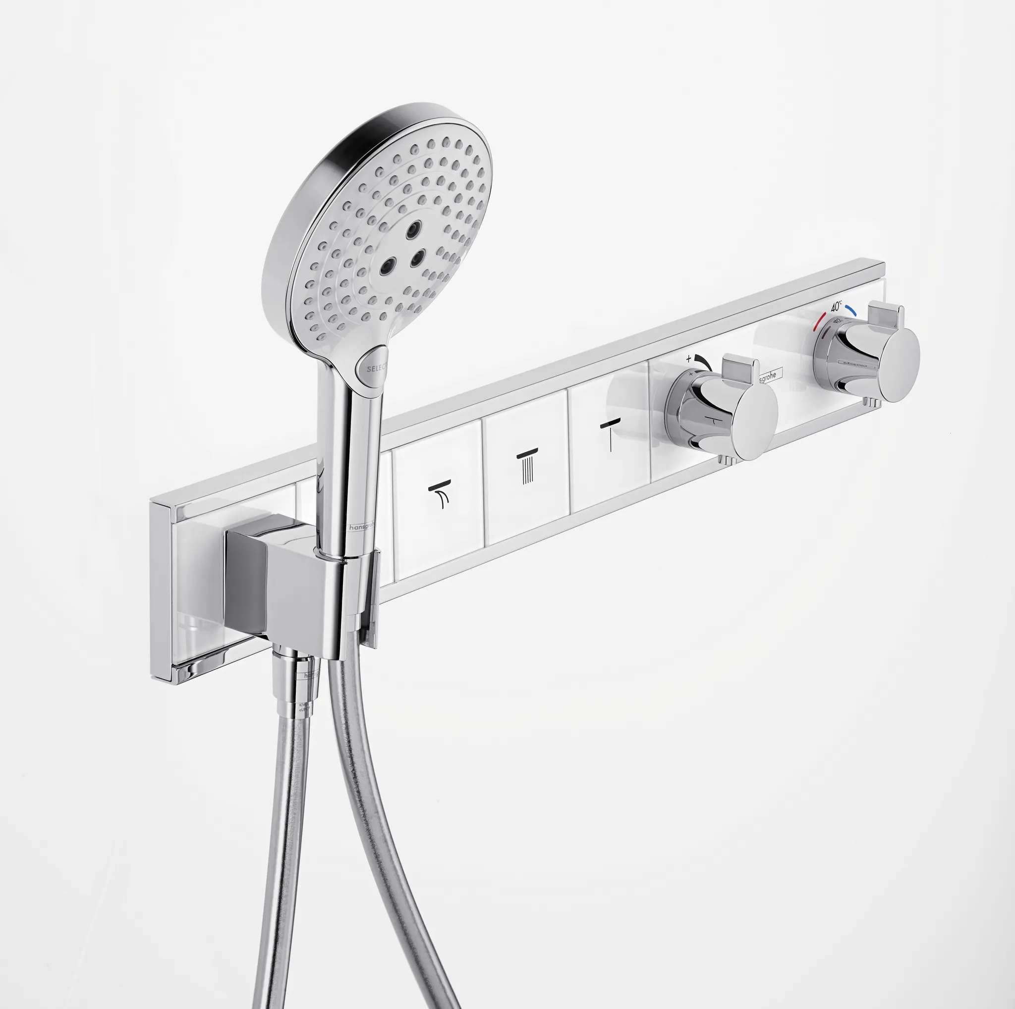 Hansgrohe RainSelect Thermostat Unterputz für 4 Verbraucher mit integriertem Brausehalter, Weiß/Chrom Hansgrohe RainSelect Thermostat Unterputz für 4 Verbraucher mit integriertem Brausehalter, Weiß/Chrom
