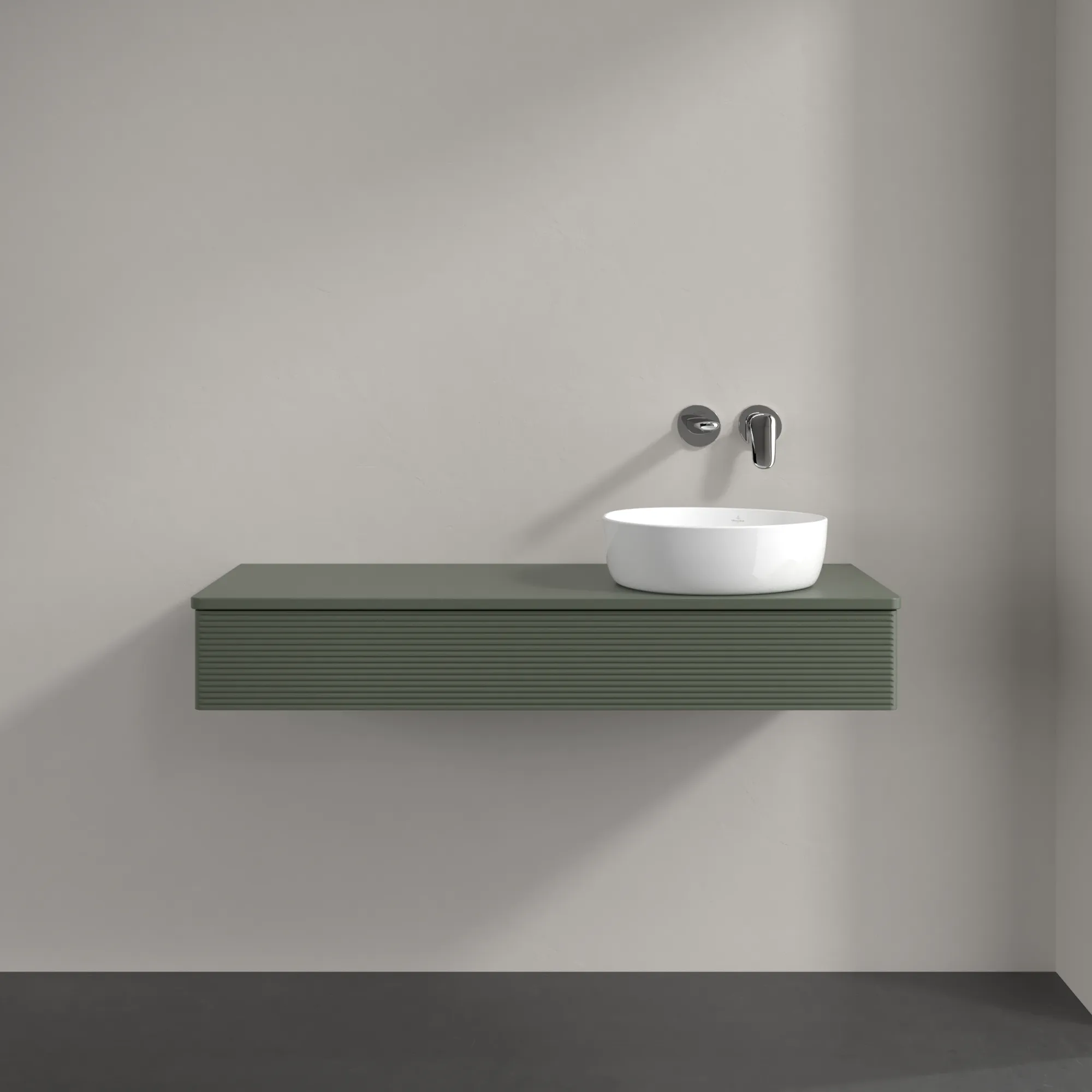 Villeroy & Boch Waschtischunterschrank „Antao“ 1200 × 190 × 500 mm Leaf Green Matt Lacquer, für Becken rechts, ohne Beleuchtung Villeroy & Boch Waschtischunterschrank „Antao“ 1200 × 190 × 500 mm Leaf Green Matt Lacquer, für Becken rechts, ohne Beleuchtung