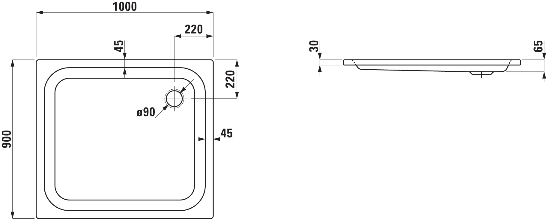 Duschwanne PLATINA 900x1000x65 aus Stahl Ablauf seitlich inklusive Schallschutz weiß