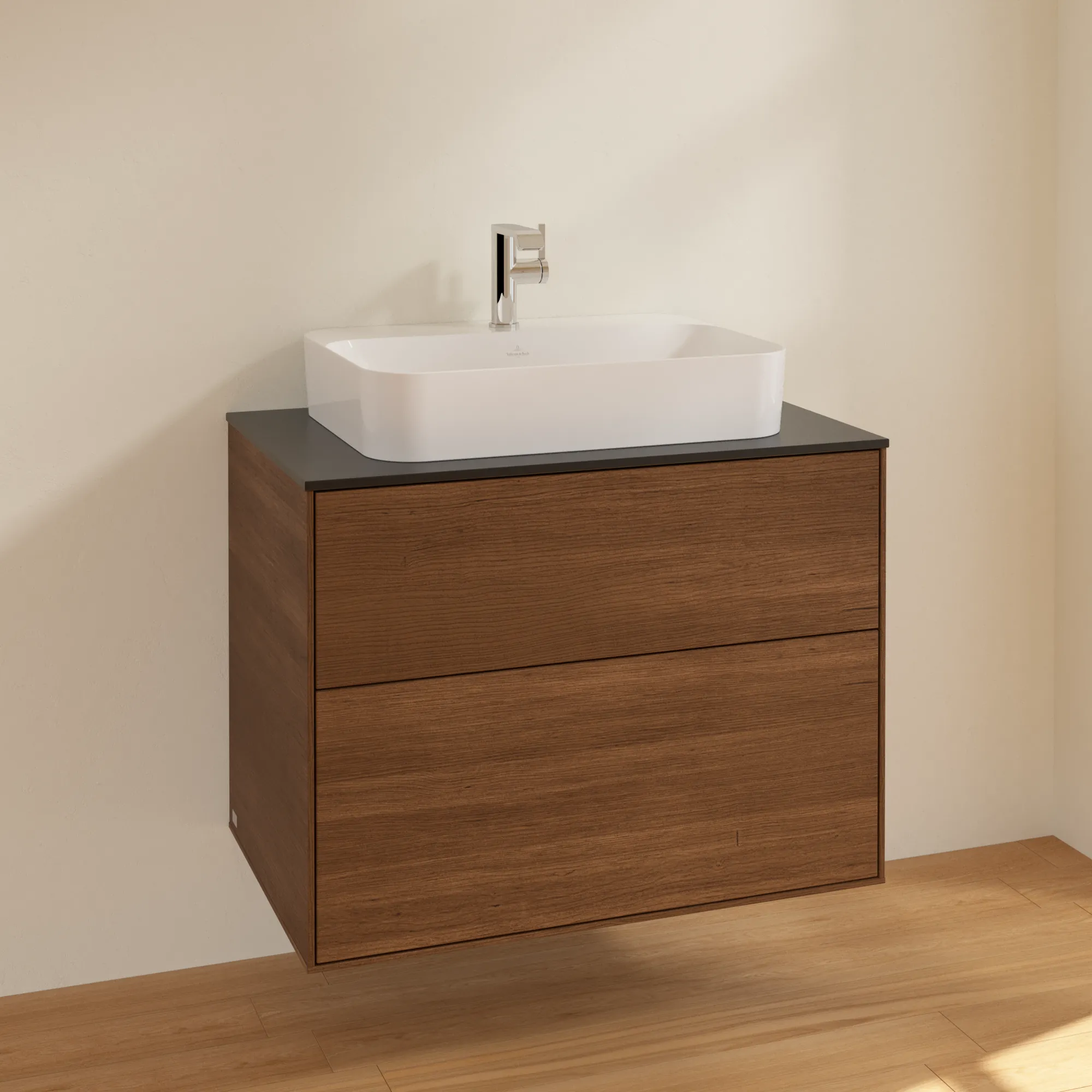 Villeroy & Boch Waschbeckenunterschrank Finion F34, Walnut Veneer mit Glass Black Matt Abdeckplatte, 800 x 603 x 501 mm, 2 Auszüge mit SoftClosing und Push-to-open Funktion