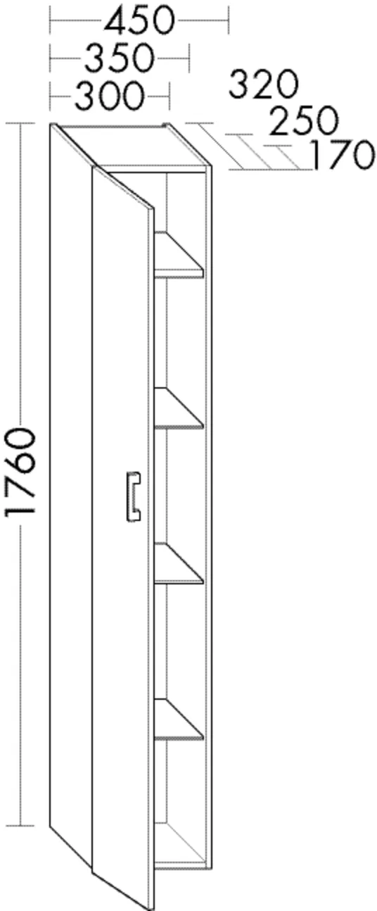 Hochschrank, 1 Tür;3 Glaseinlegeböden;1 fester Boden;1 Bademantelhaken, Tiefe: 170 mm, Breite: 300 mm, Höhe: 1760 mm Hochschrank, 1 Tür;3 Glaseinlegeböden;1 fester Boden;1 Bademantelhaken, Tiefe: 170 mm, Breite: 300 mm, Höhe: 1760 mm