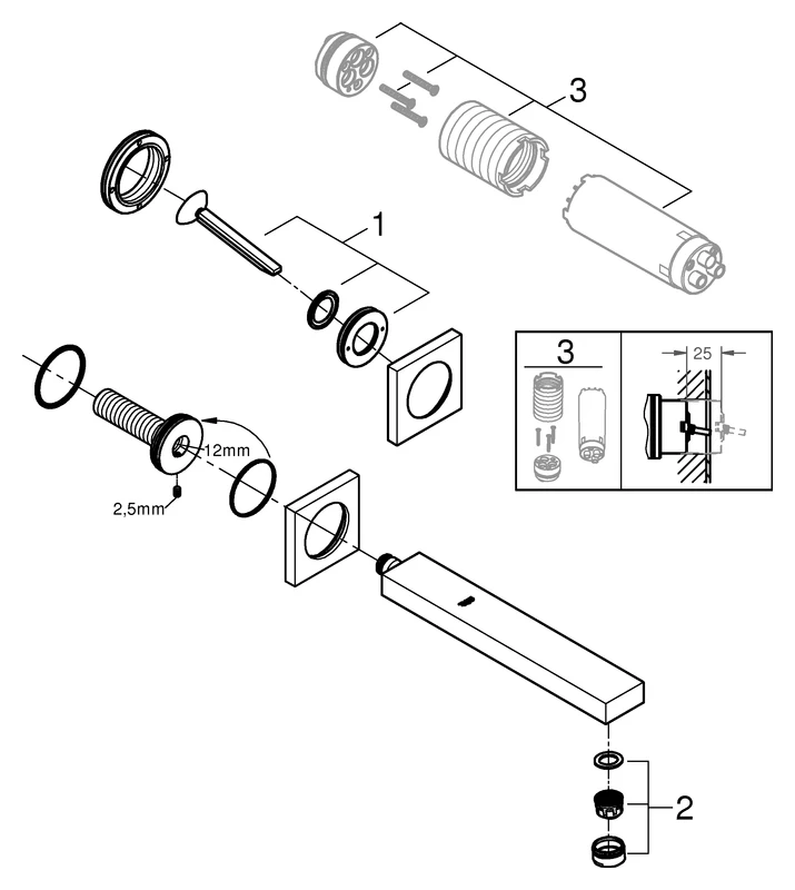 2-Loch-Waschtischbatterie Eurocube Joy 19998, Wandmontage, Fertigmontageset für 23 429, Ausladung 230 mm, chrom