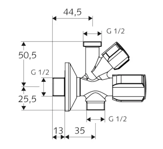 Kombi-Eckventil COMFORT, RFV im Abgang Geräteanschluss, DN 15 G 1/2 AG, 2x DN 15 G 1/2 AG, chrom