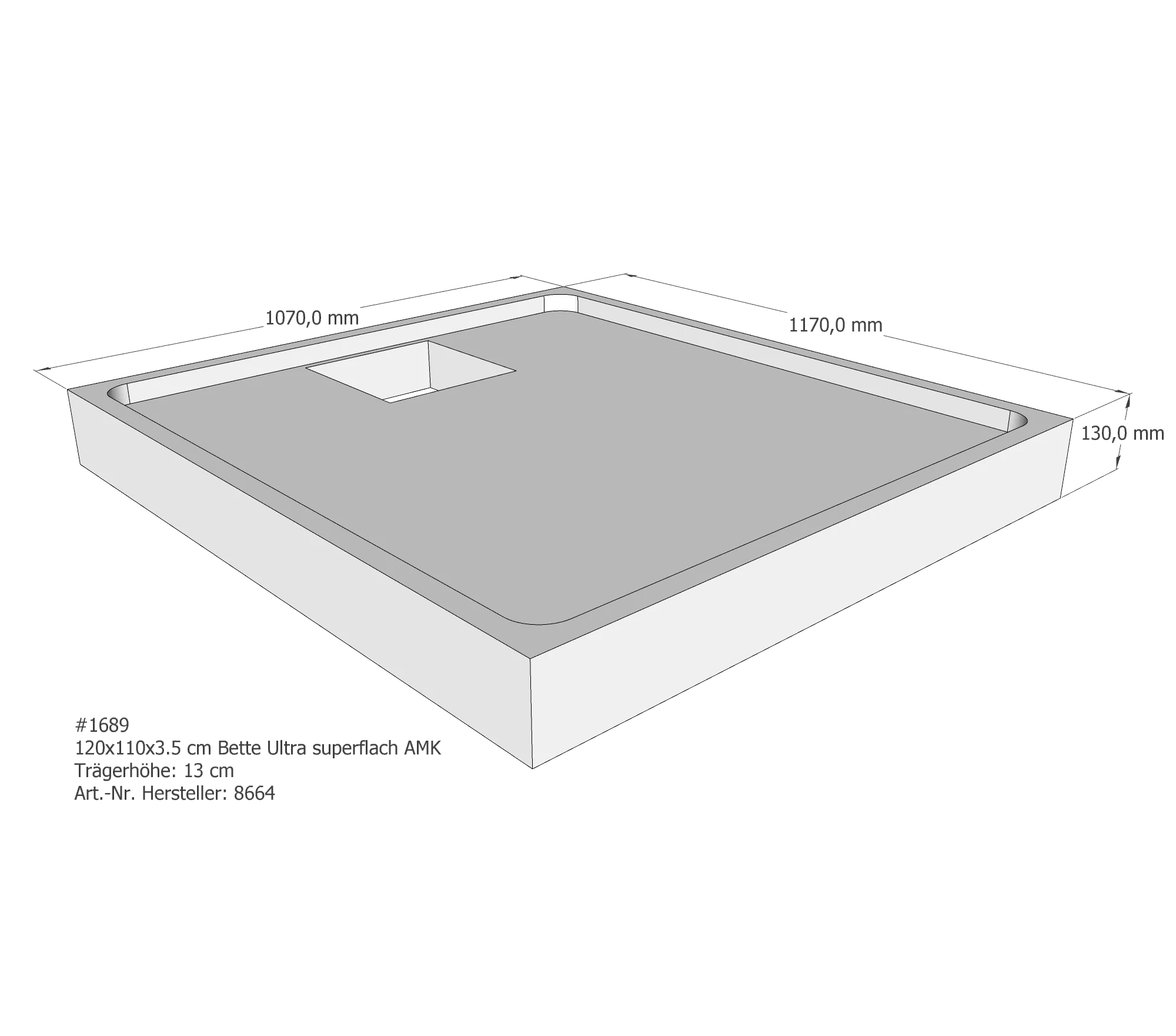 Duschwannenträger für Bette Ultra (superflach) 120 × 110 × 3,5 cm Breite: 110 cm / Länge: 120 cm