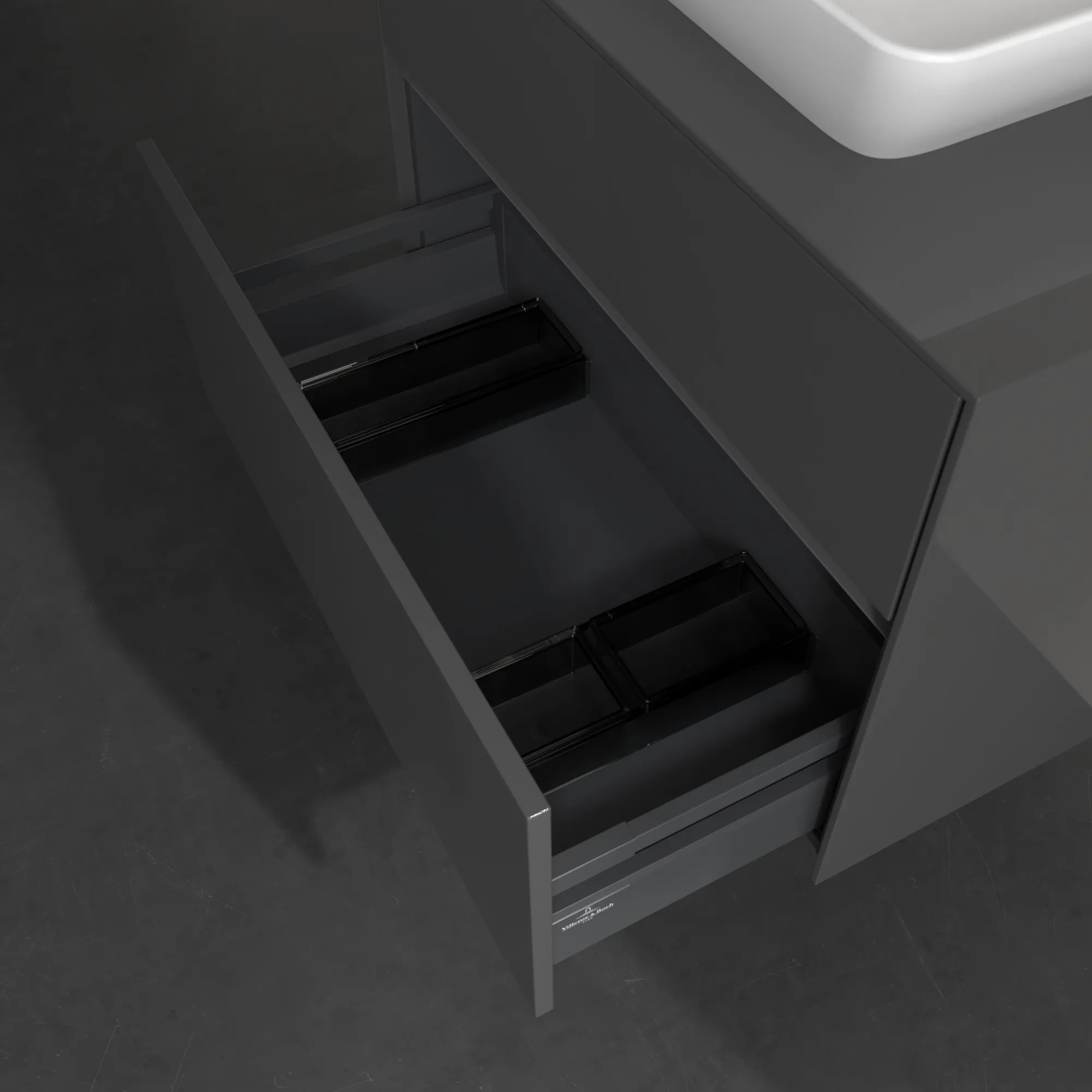 Villeroy & Boch Waschbeckenunterschrank Collaro C10800, Eckig Glossy Grey, 800x548x500mm, 39kg, Wandmontage, 2 Auszüge mit SoftClosing, 1 Waschbecken mittig