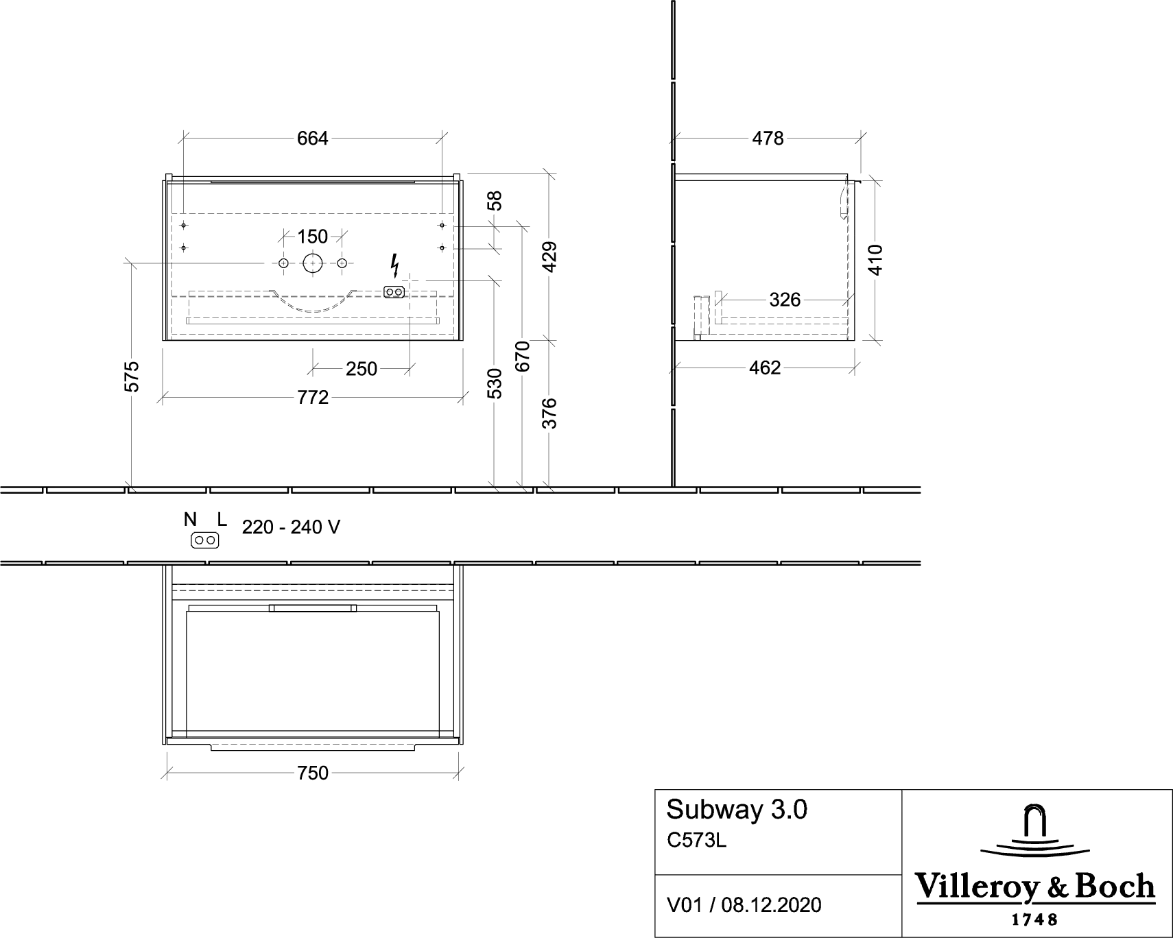Villeroy & Boch Subway 3.0 Waschbeckenunterschrank C573L1, 772 x 429 x 478 mm, Eckig, mit LED-Beleuchtung