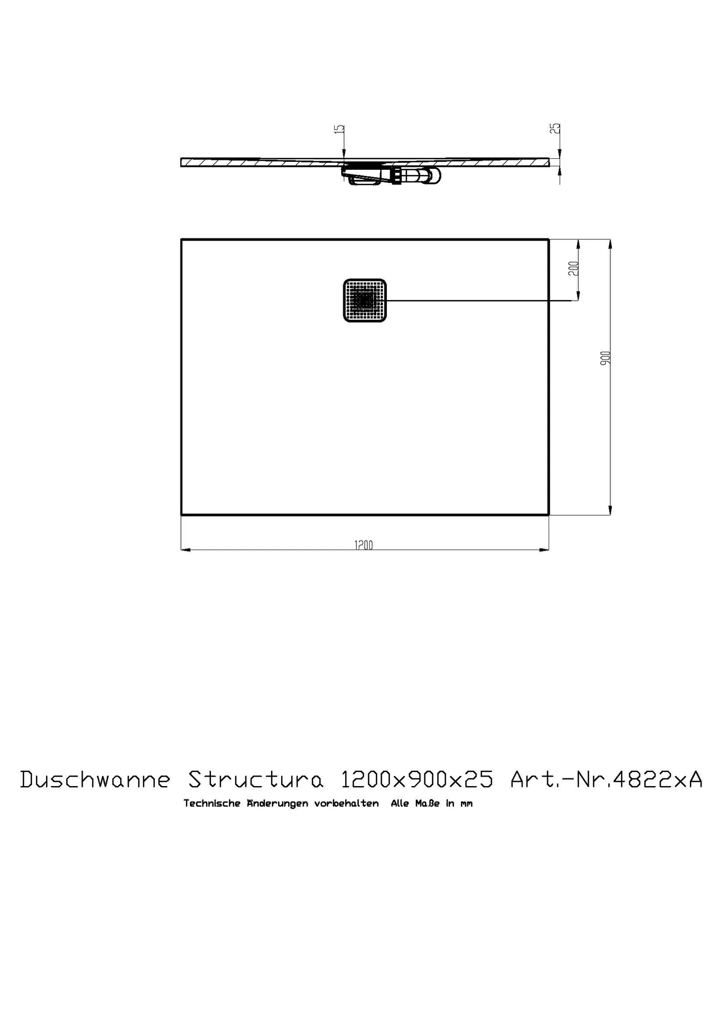 Duschwanne Structura 1200x900x25 in gesoftete Schieferoptik, mit Antirutsch B, Material Solique, Weiß