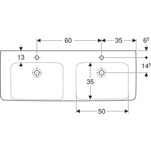 Wandwaschtisch „Renova Plan“, rechteckig, Hahnlochposition links und rechts 130 × 48 cm in weiß alpin