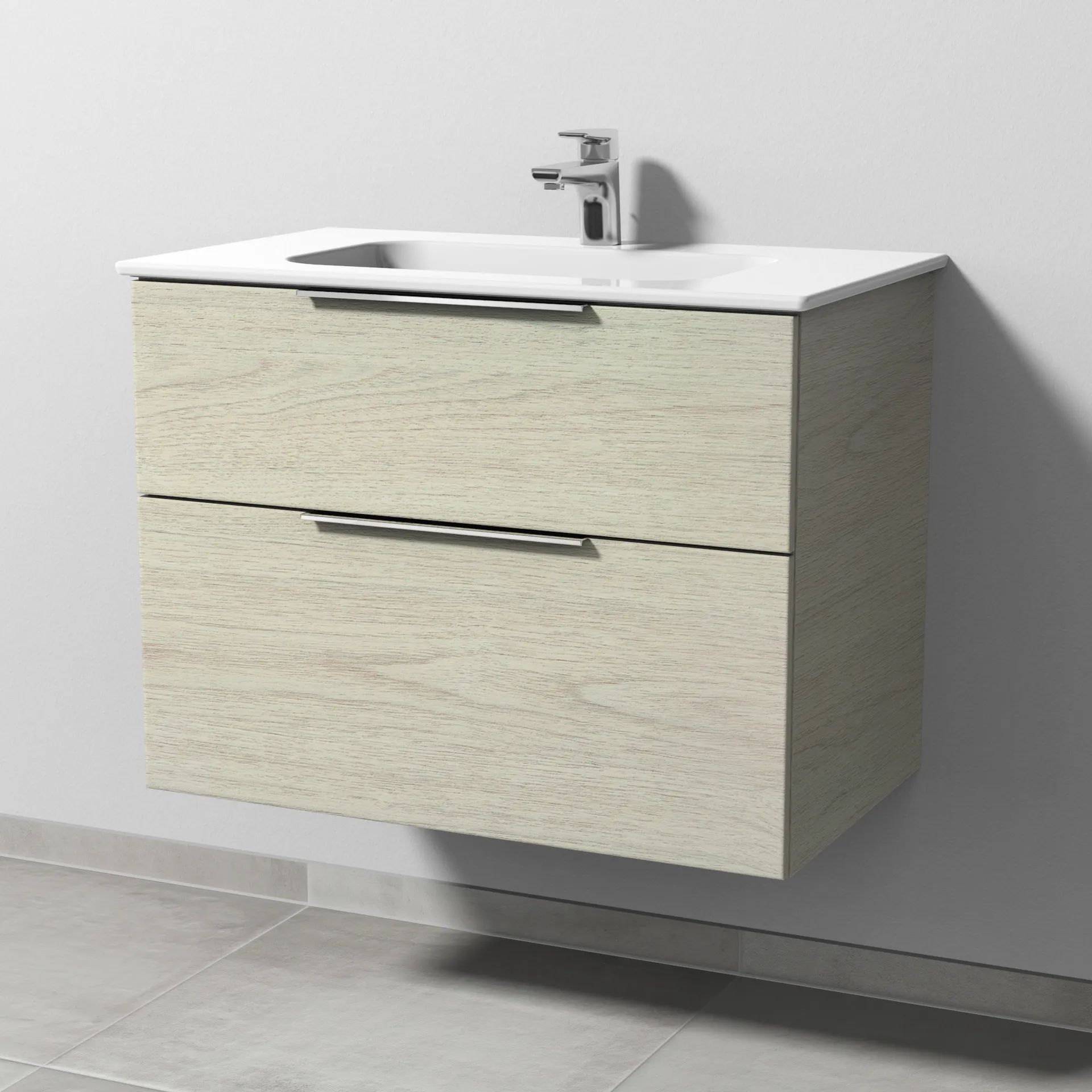 Keramik-Waschtisch-Set mit Waschtischunterschrank „3way“ 77 × 46 × 58,2 cm in White Oak, mit Hahnlochbohrung, Becken mittig
