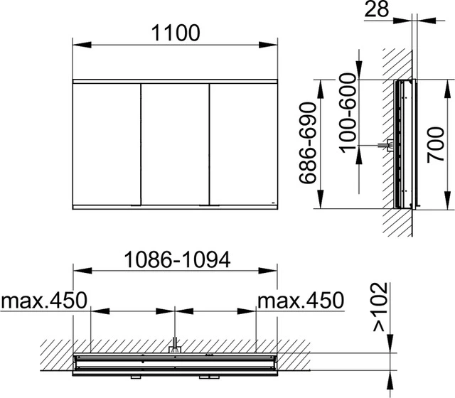 KEUCO Wandeinbau Spiegelschrank 3-türig „Royal Modular 2.0“ in Silber (eloxiert), Unterputz, mit Beleuchtung 1100 × 700 × 120 mm KEUCO Wandeinbau Spiegelschrank 3-türig „Royal Modular 2.0“ in Silber (eloxiert), Unterputz, mit Beleuchtung 1100 × 700 × 120 mm