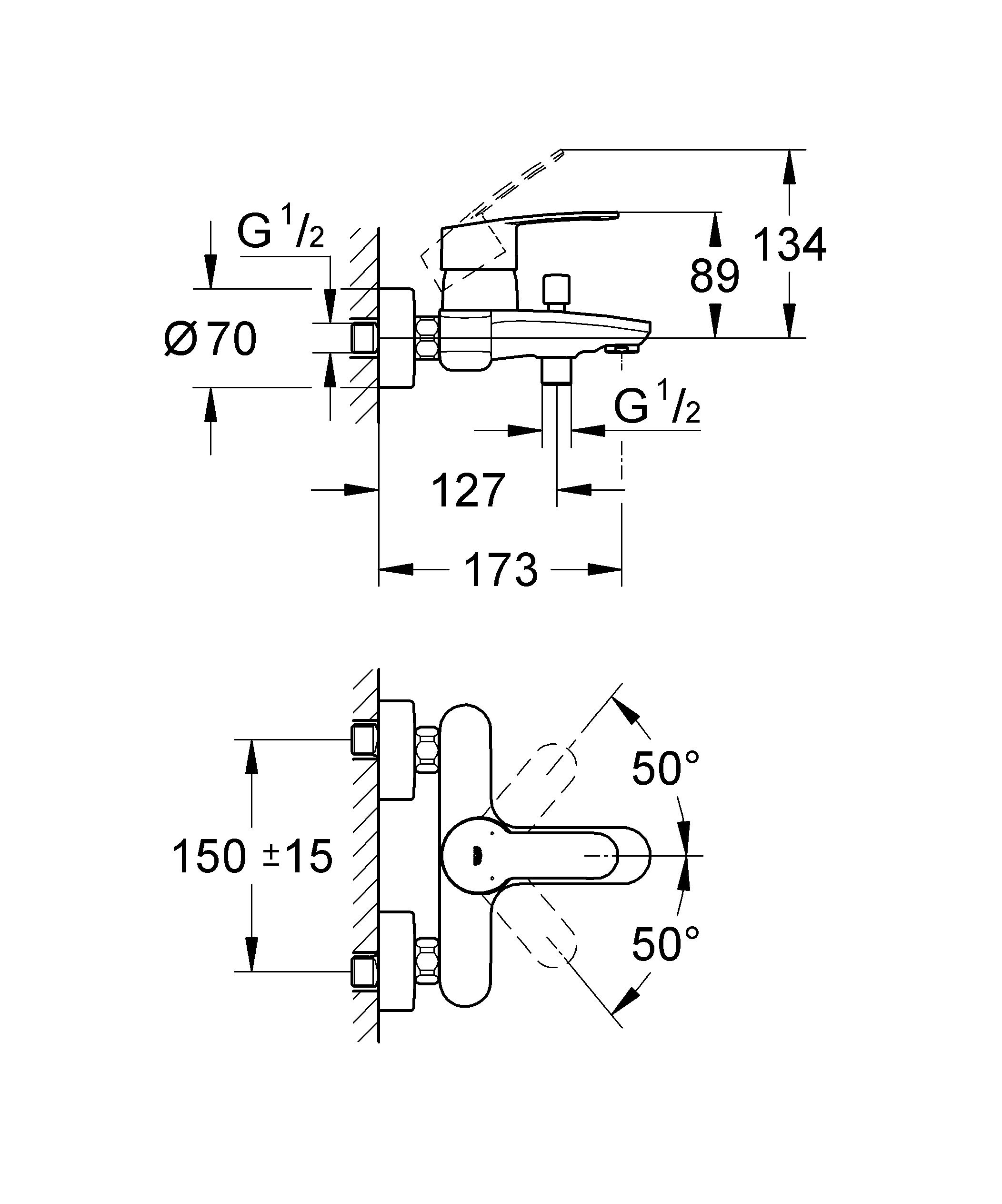 Einhand-Wannenbatterie Eurostyle Cosmopolitan 33591_2, Wandmontage, eigensicher, chrom