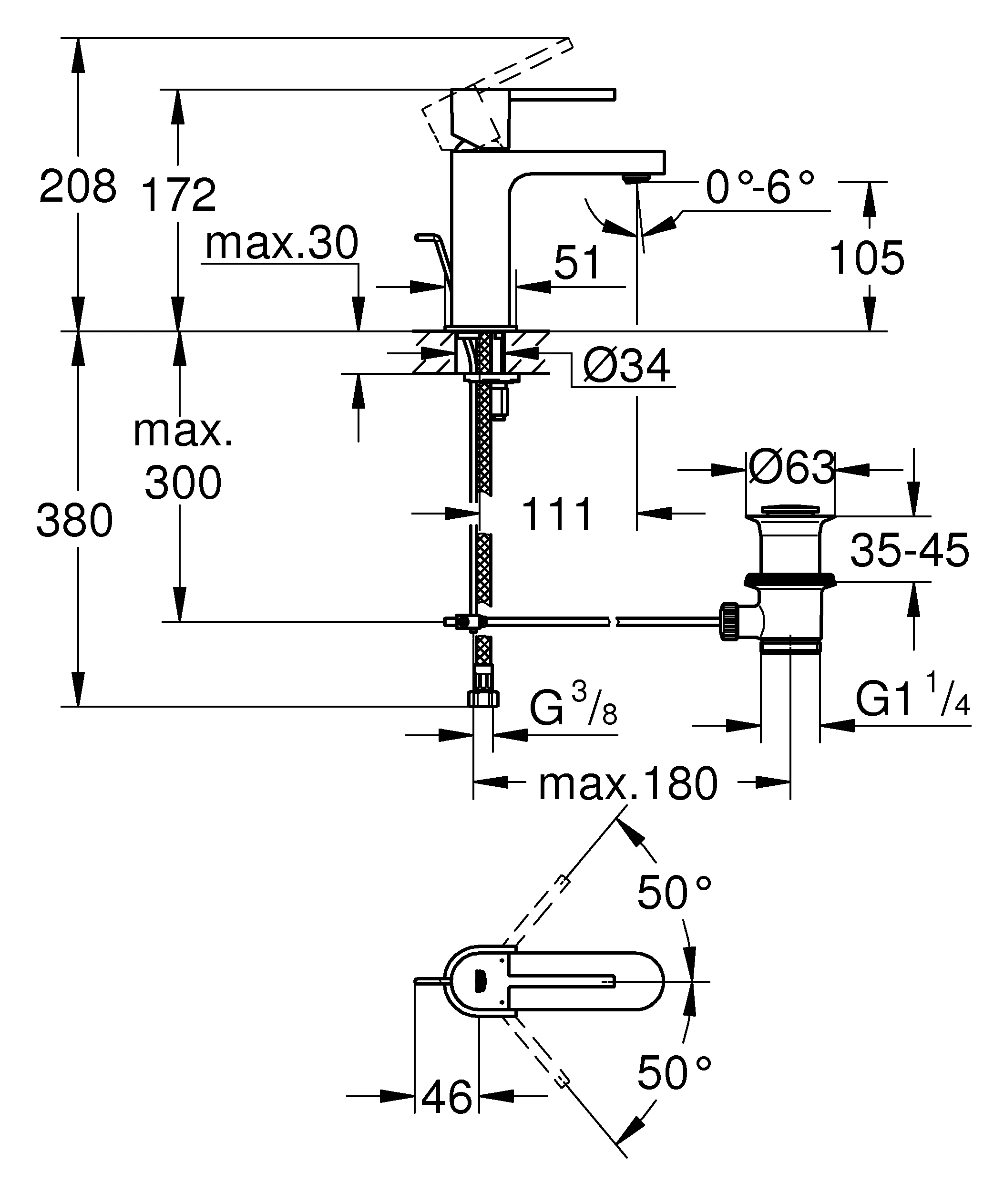 Einhand-Waschtischbatterie Plus 32612_3, S-Size, Einlochmontage, Zugstangen-Ablaufgarnitur 1 1/4″, chrom