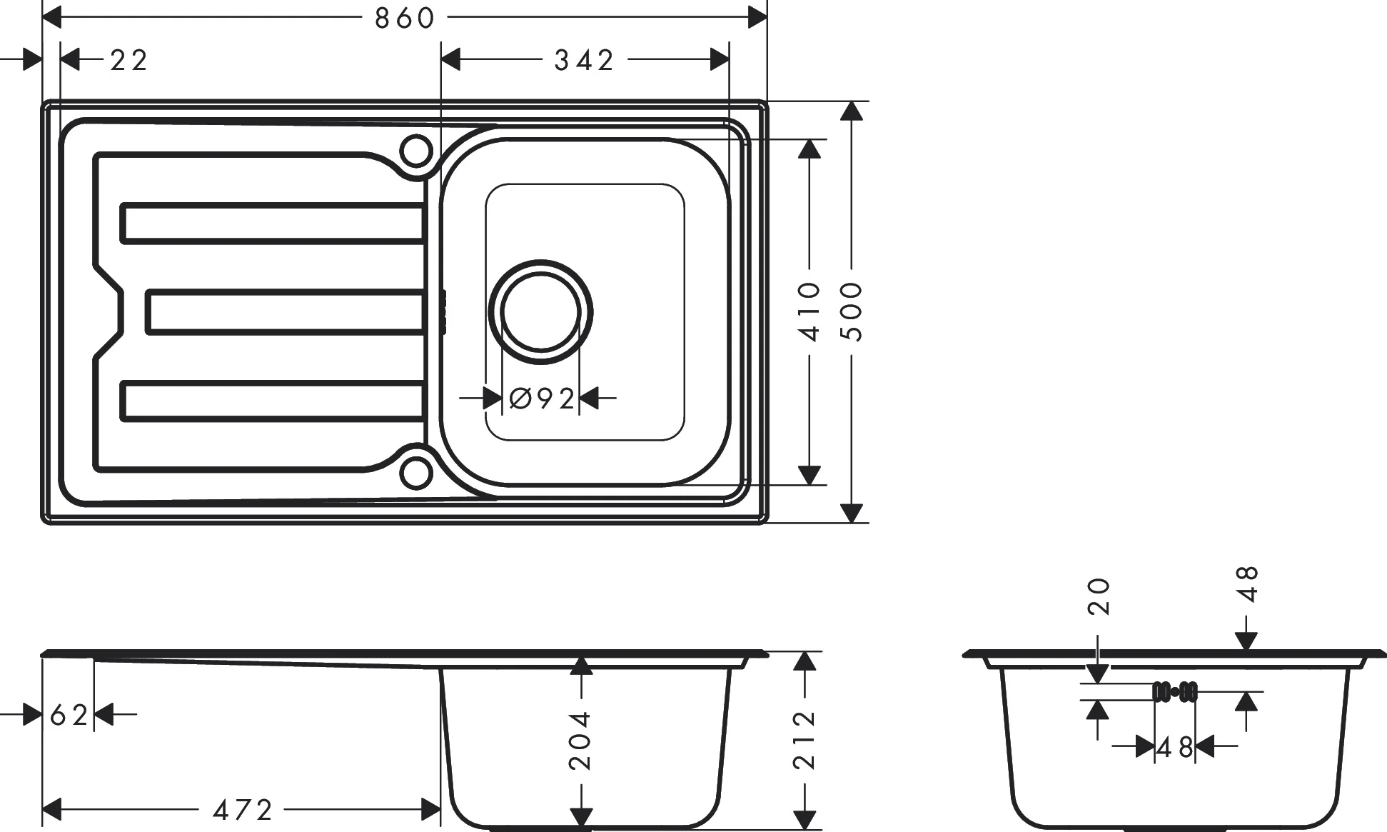 Hansgrohe Einbauspüle S44 Serie 43365XXX Edelstahl, 840 x 480 mm, reversibel, Aufbau, 1 Hauptbecken mit Abtropffläche Hansgrohe Einbauspüle S44 Serie 43365XXX Edelstahl, 840 x 480 mm, reversibel, Aufbau, 1 Hauptbecken mit Abtropffläche