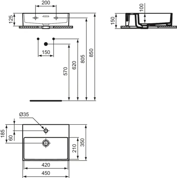 Waschbecken „Extra“ 45 × 35 × 15 cm, Hahnlochposition mittig in Weiß Waschbecken „Extra“ 45 × 35 × 15 cm, Hahnlochposition mittig in Weiß