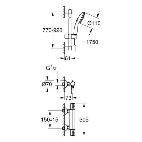Thermostat-Brausebatterie Grohtherm 800 34566_2, mit Tempesta Brausestangenset 900mm, 2 Strahlarten: Rain/Jet, chrom Thermostat-Brausebatterie Grohtherm 800 34566_2, mit Tempesta Brausestangenset 900mm, 2 Strahlarten: Rain/Jet, chrom