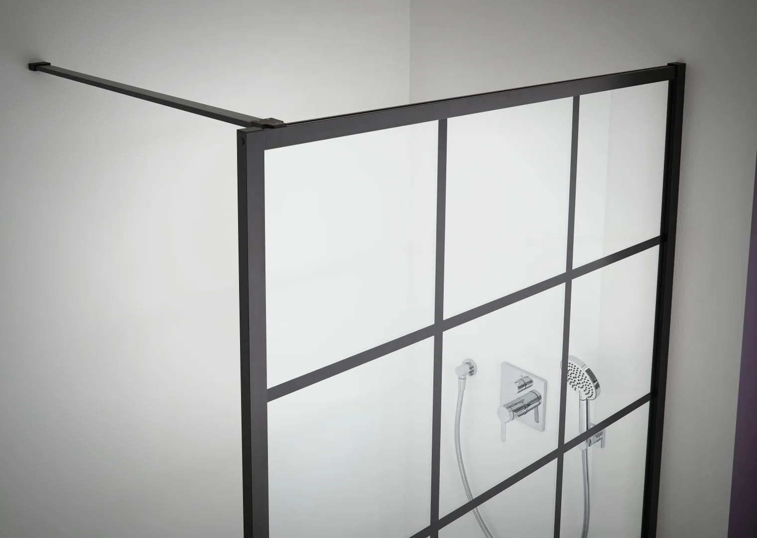 Kermi Duschdesign Walk-In-Duschkabine Dekor Print „WALK-IN XD“ Glas Klar, Profile Schwarz Soft (RAL 9005), BV: 890 - 910 mm WE: 890 - 910 mm H: 2000 mm