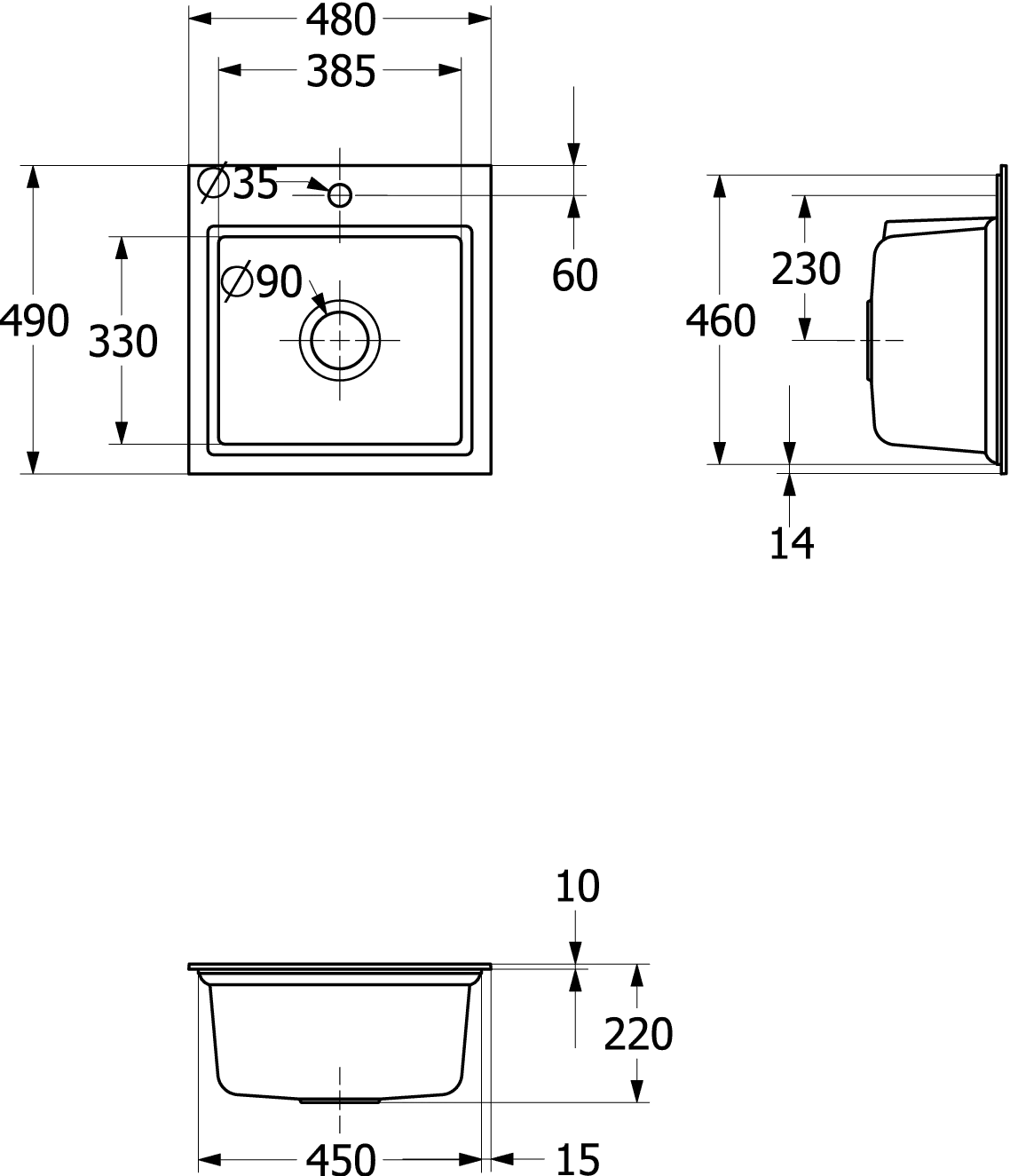 Villeroy & Boch Subway Style 50 S Flat 33550F, flächenbündige Spüle, 500 x 510 mm