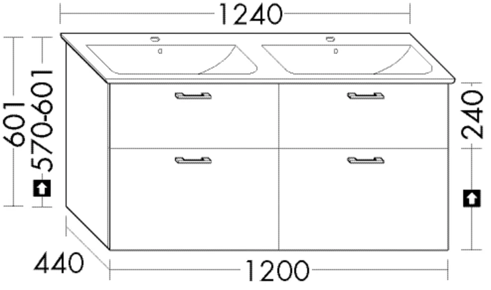 Burgbad Waschtischunterschrank Sys30, 1.200 mm breit, 440 mm tief, 601 mm hoch, 2 Schubladen oben, 2 Auszüge unten