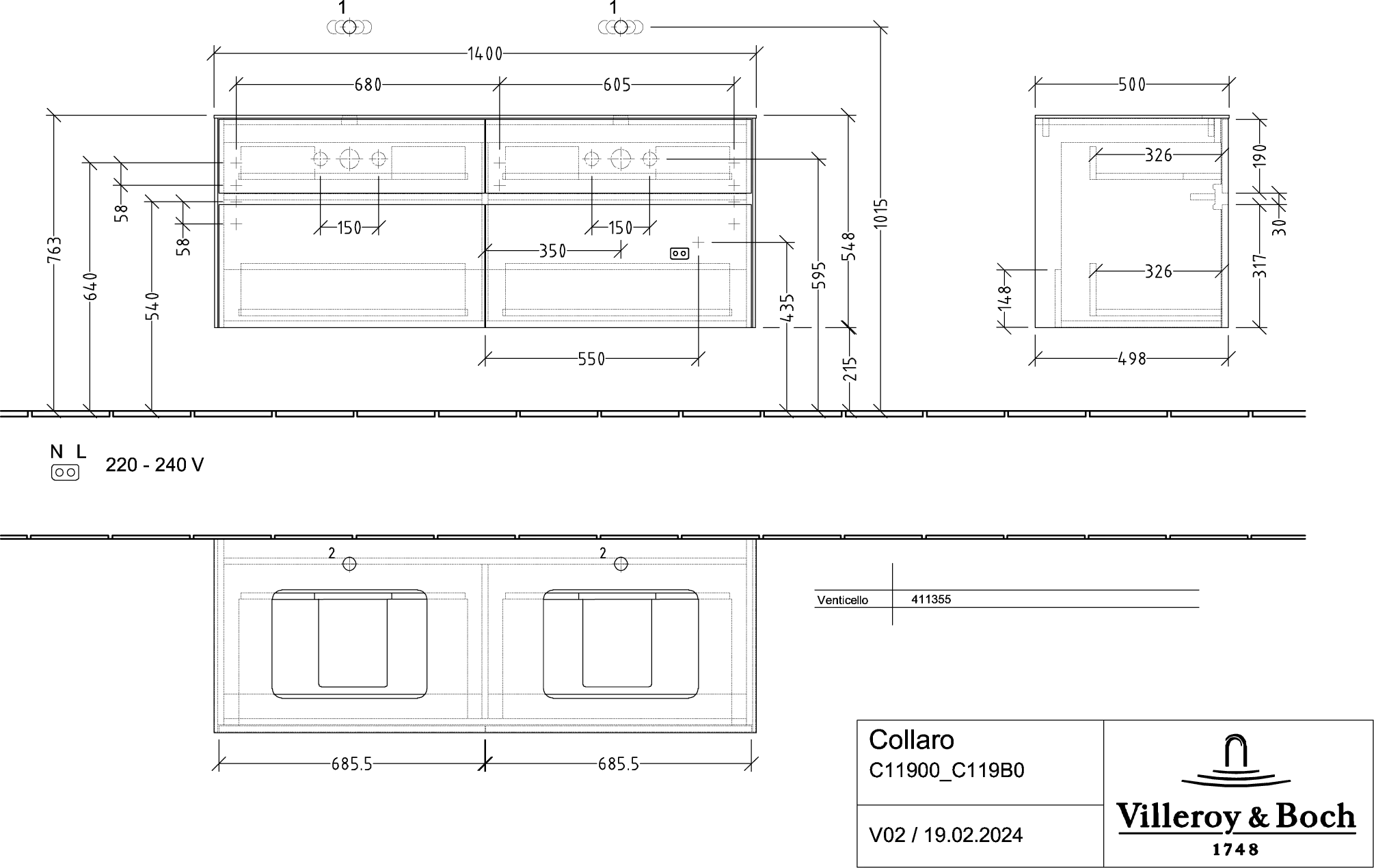 Villeroy & Boch Collaro Waschbeckenunterschrank C11900, 1400x548x500mm, Kansas Oak