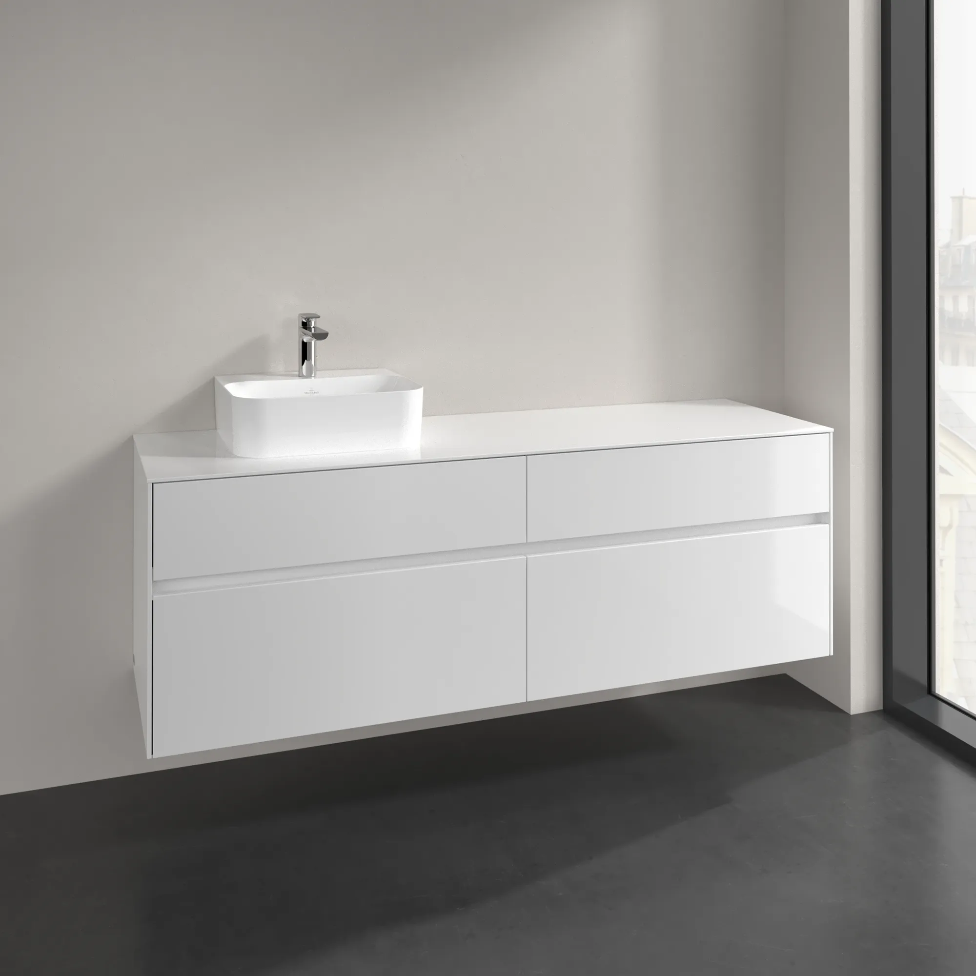 Villeroy & Boch Waschtischunterschrank „Collaro“ 1600 × 548 × 500 mm Glossy White, ohne Beleuchtung, für Becken links