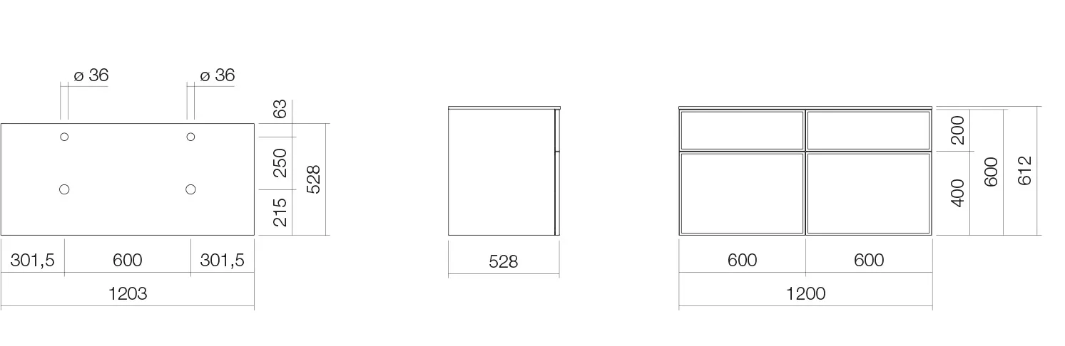 Alape Waschtischunterschrank „Arkta“ 1203 × 612 mm Weiß, ohne Hahnlochbohrung, links und rechts