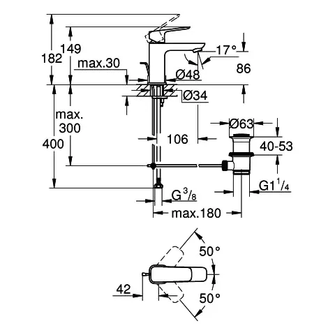 Einhand-Waschtischbatterie Cubeo 101694, S-Size, Zugstangen-Ablaufgarnitur