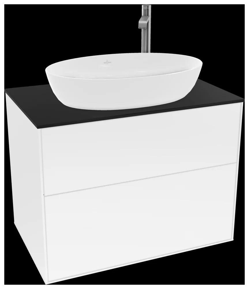 Villeroy & Boch Waschbeckenunterschrank Finion F87, Glossy White Lacquer / Glass Black Matt, 800 x 603 x 501 mm, mit SoftClosing und Push-to-open Funktion